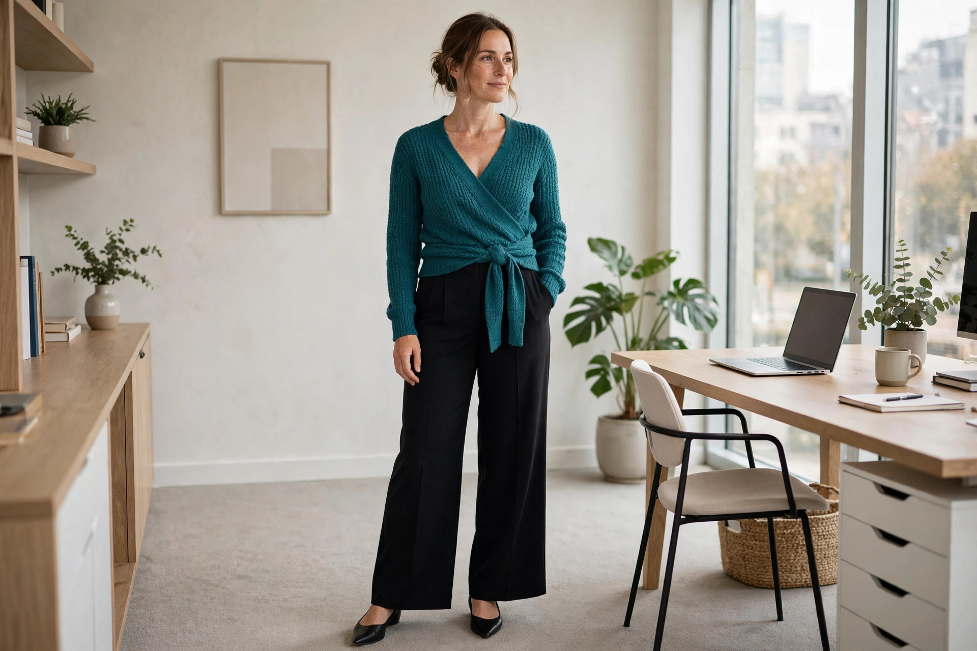 Woman in a teal knit wrap top and black wide-leg trousers standing by an office desk