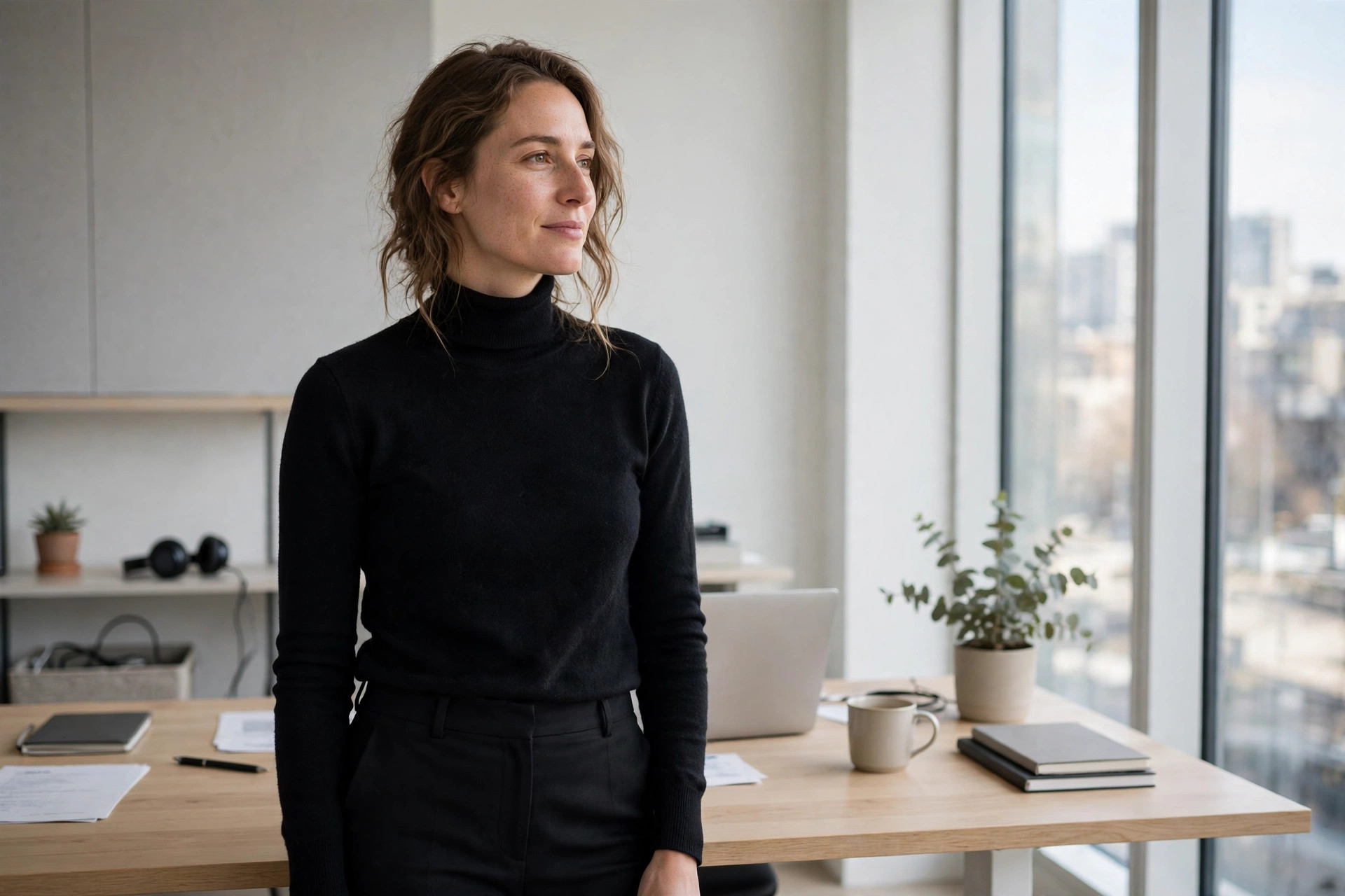Black turtleneck sweater with black tailored trousers in a minimalist tech office