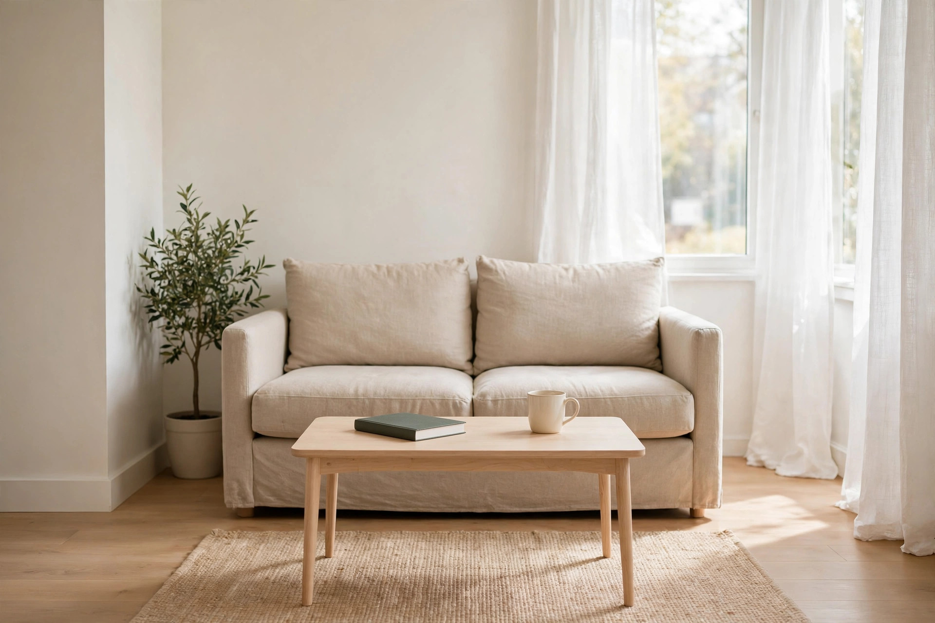 Lightweight pale wood coffee table with a book and mug in front of a beige loveseat on a jute rug