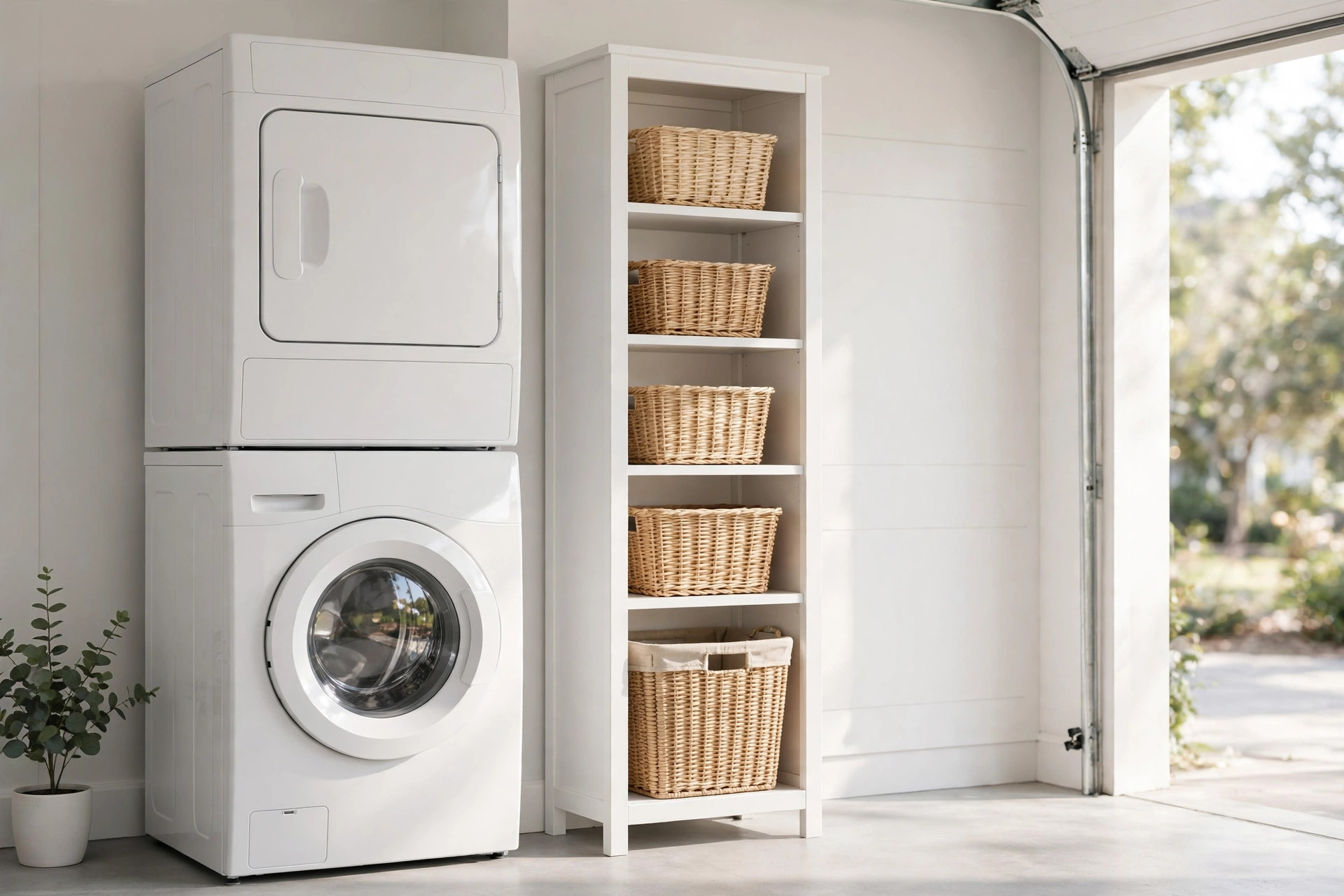 Stacked washer and dryer beside a tall narrow white storage tower with woven baskets in a clean garage