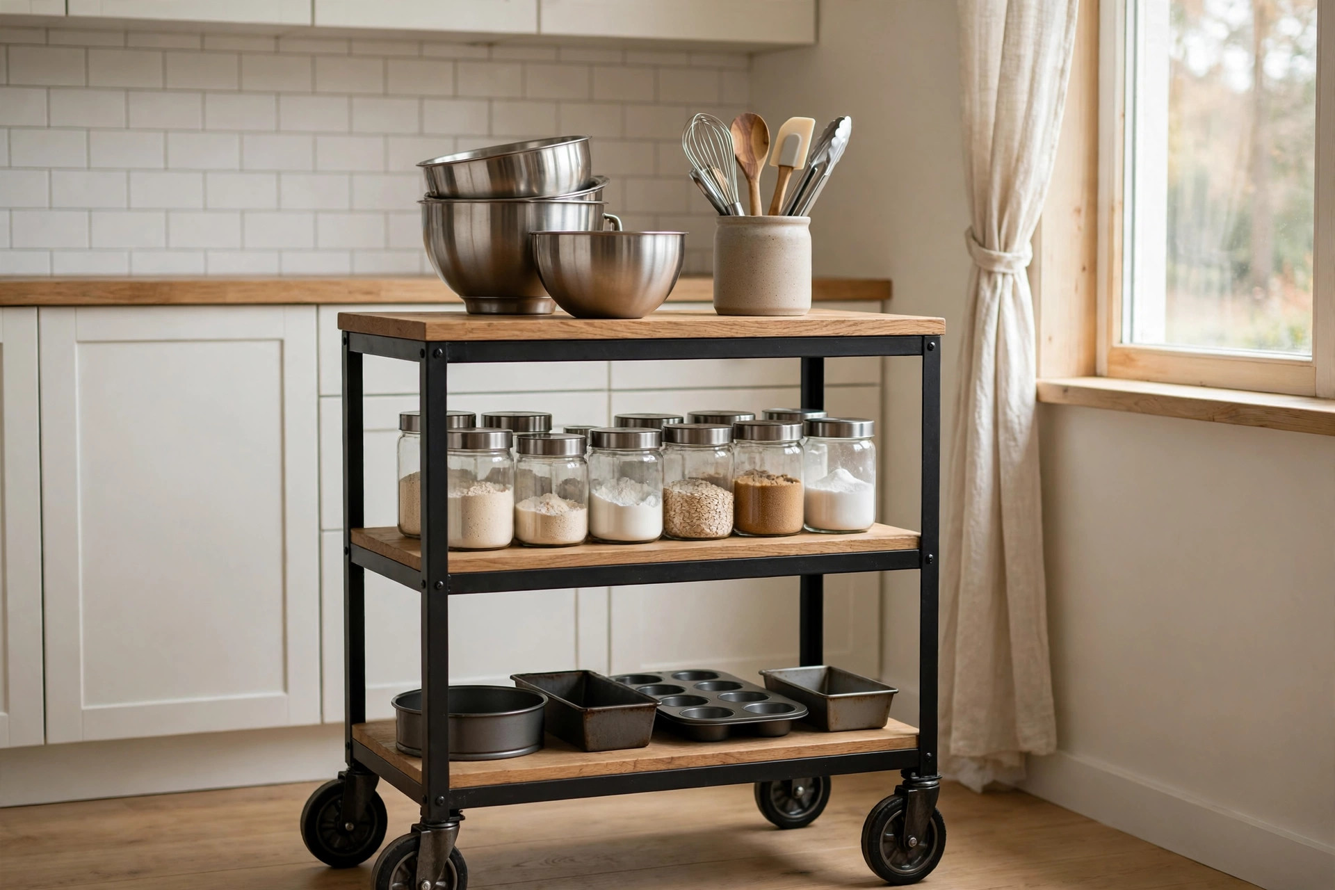 Rolling cart baking station with mixing bowls and utensils on top, ingredient jars in the middle and baking tins on the lower shelf