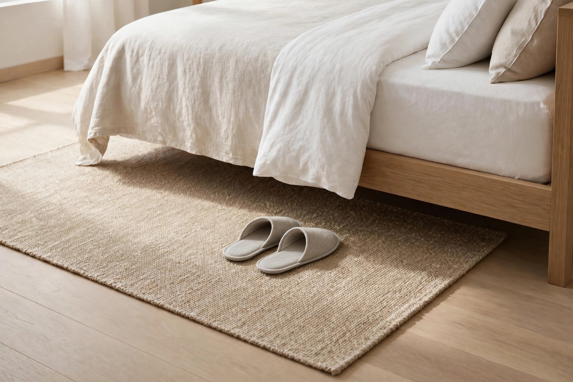 Flat low-pile rug lying flush beside a neatly made bed with a tidy pair of non-slip slippers