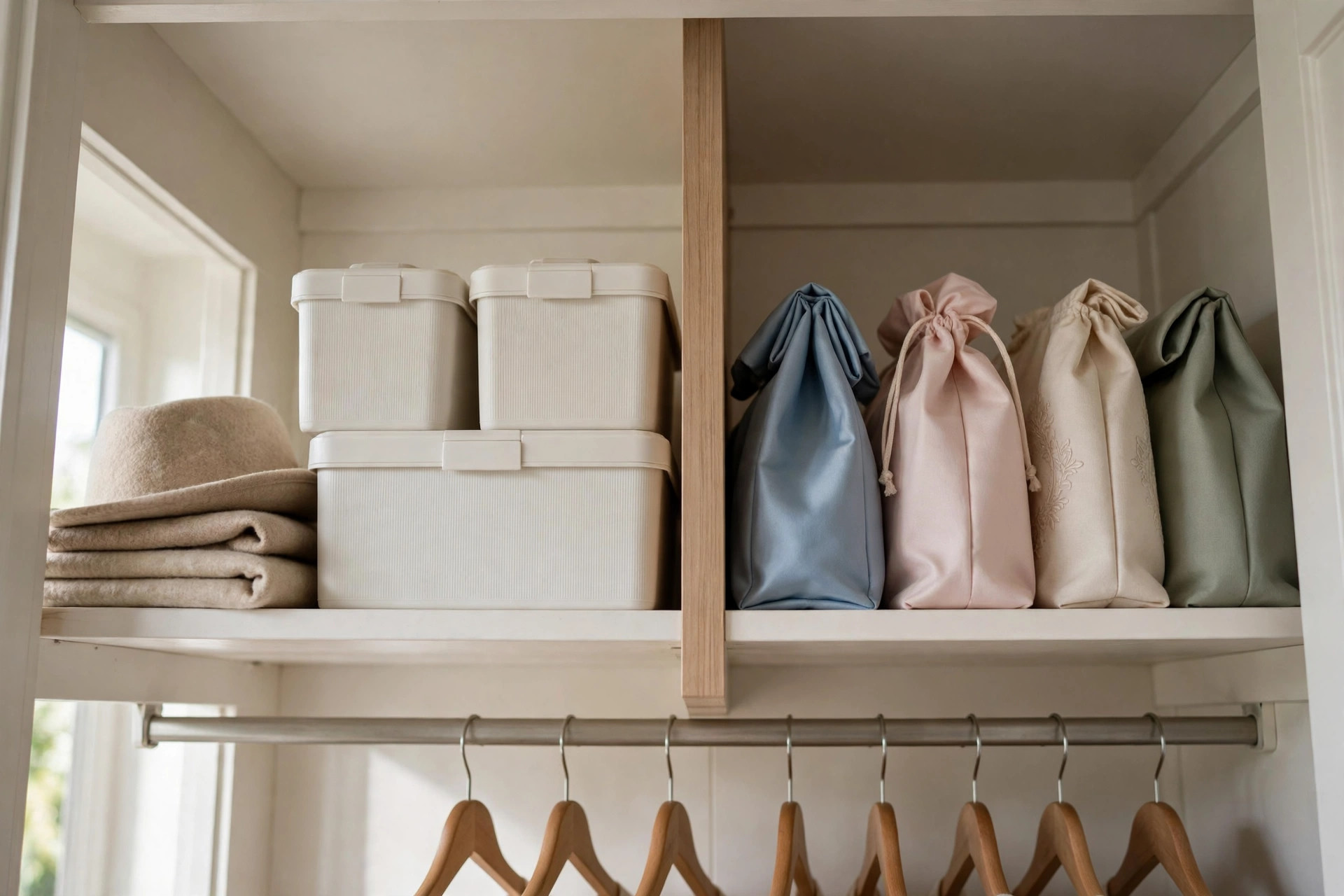 Top shelf of a small closet divided into two halves with lidded boxes on one side and storage bags and a hat on the other