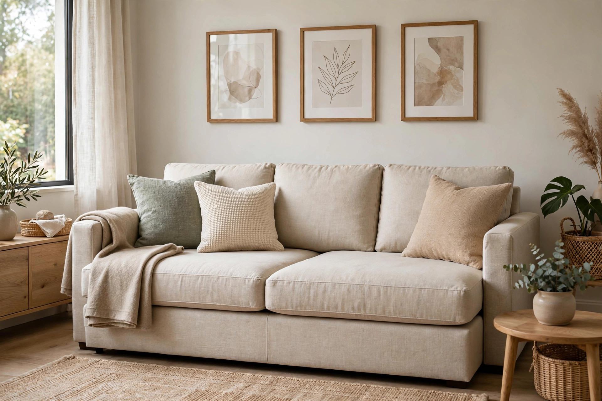Sofa bed styled as a daytime sofa with structured cushions, throw and wall art, a sofa bed living room idea