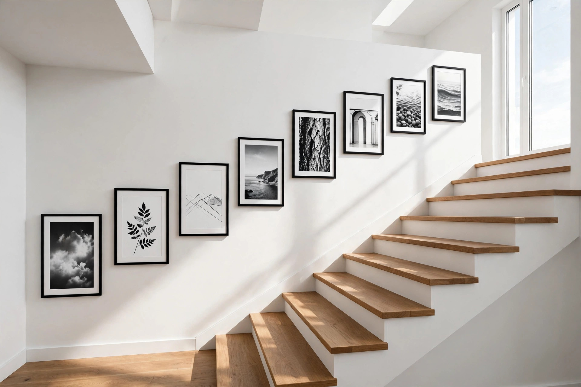 Uniform black frames with black and white art on a white staircase wall