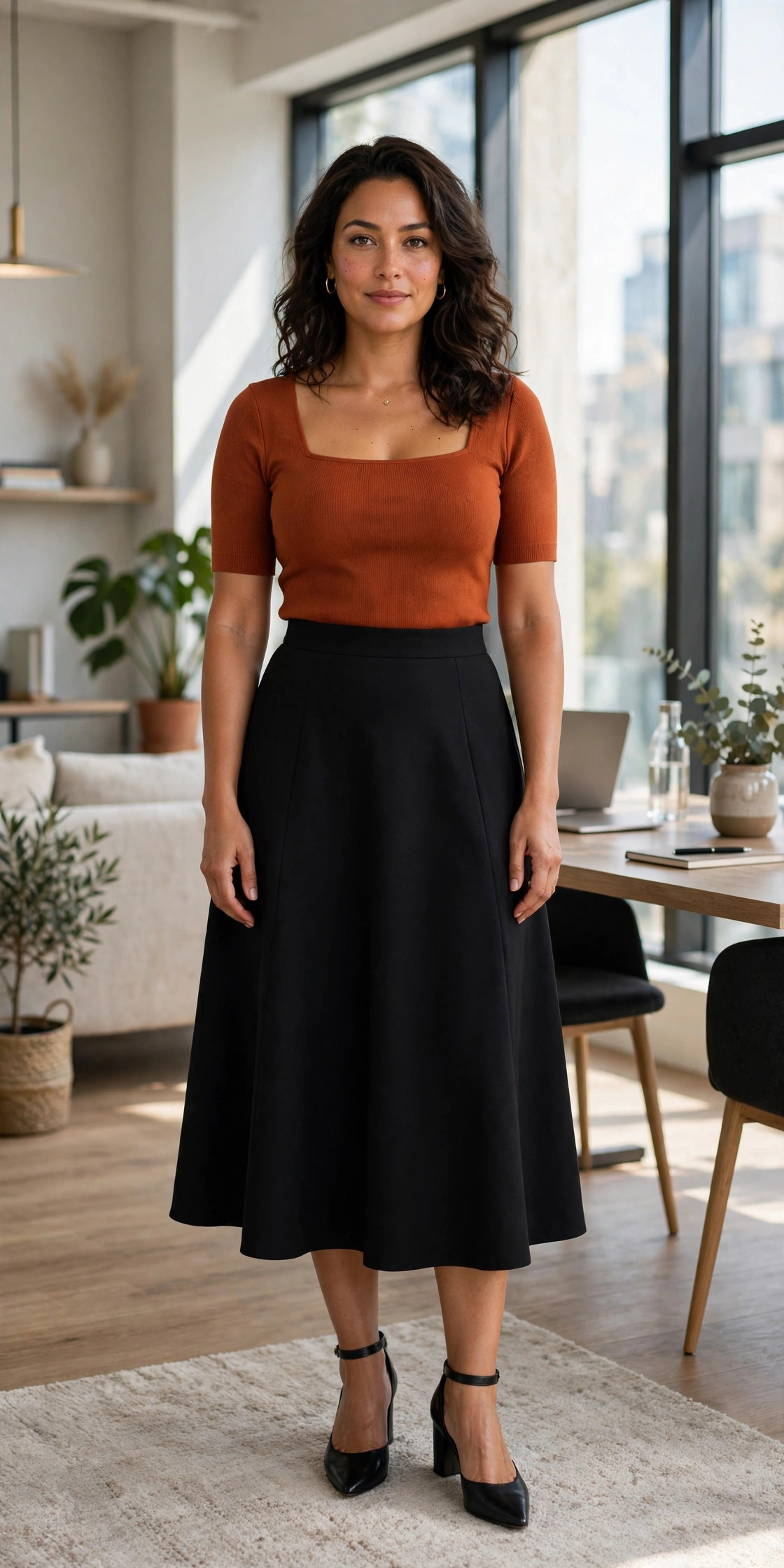 Woman with a large bust in a rust square-neck ponte top tucked into a black A-line midi skirt, office outfit idea