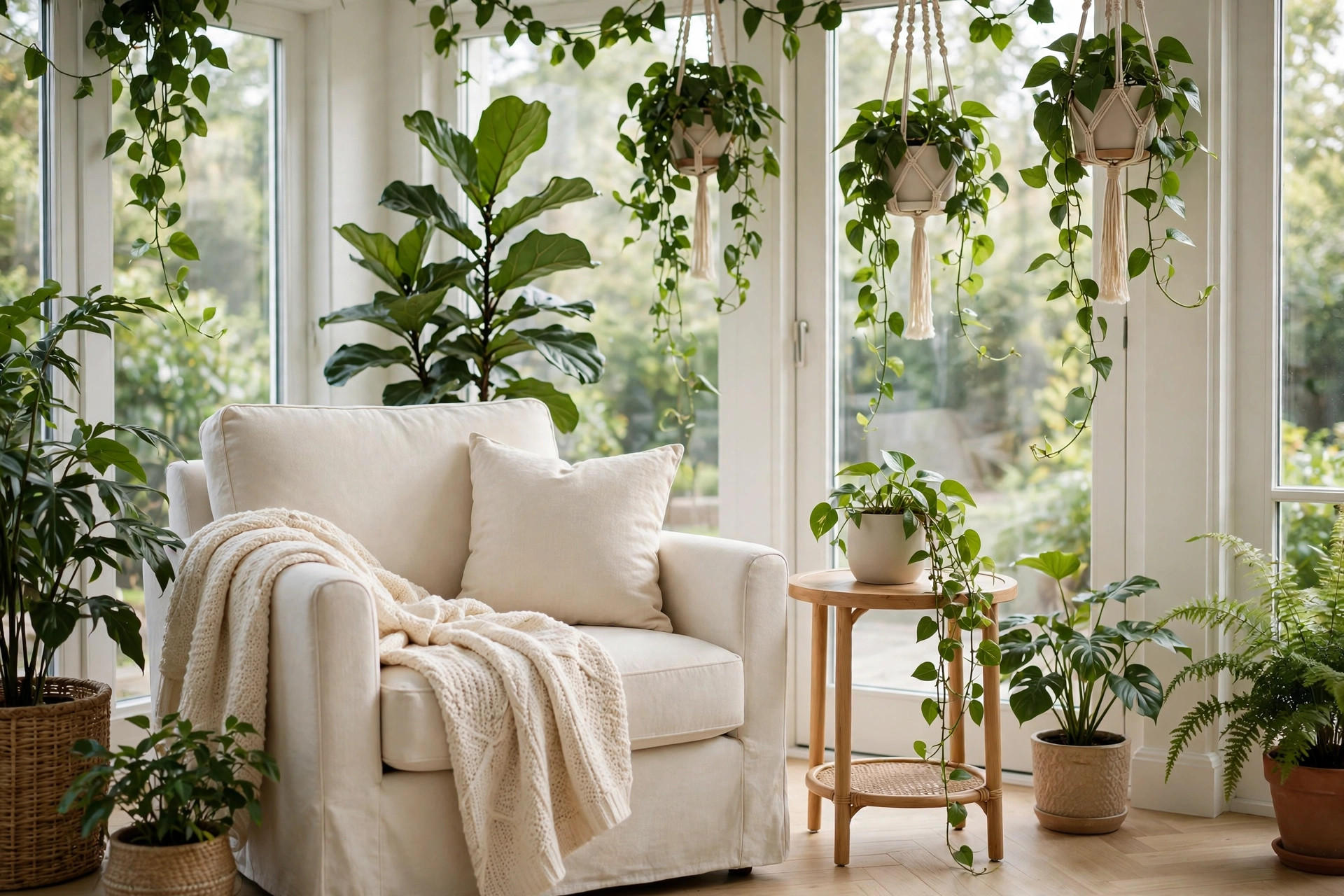 Cream reading armchair with a throw and cushion surrounded by lush plants and hanging pothos in a sunroom nook