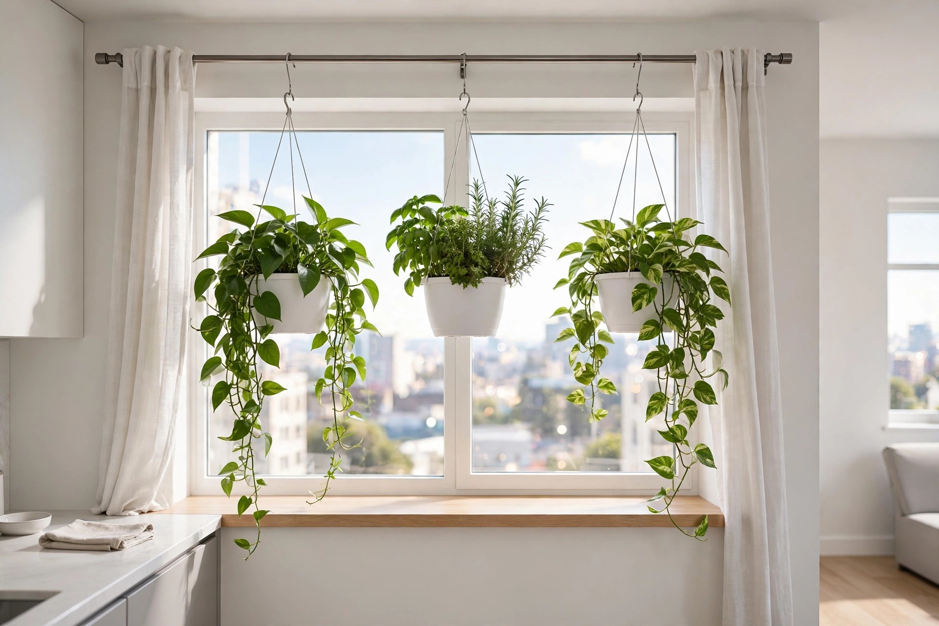 Hanging planters with trailing pothos suspended from a curtain rod in front of a bright apartment window