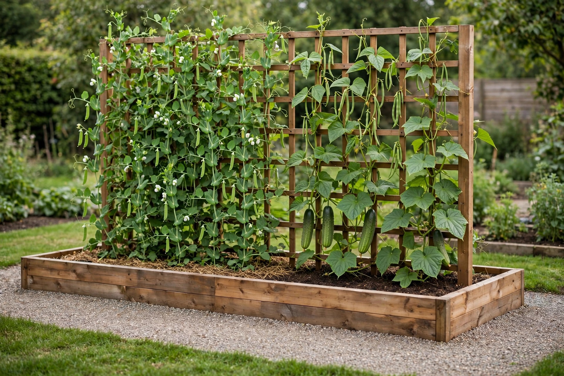Raised bed with a tall trellis of climbing peas, beans and cucumbers hanging at hand height