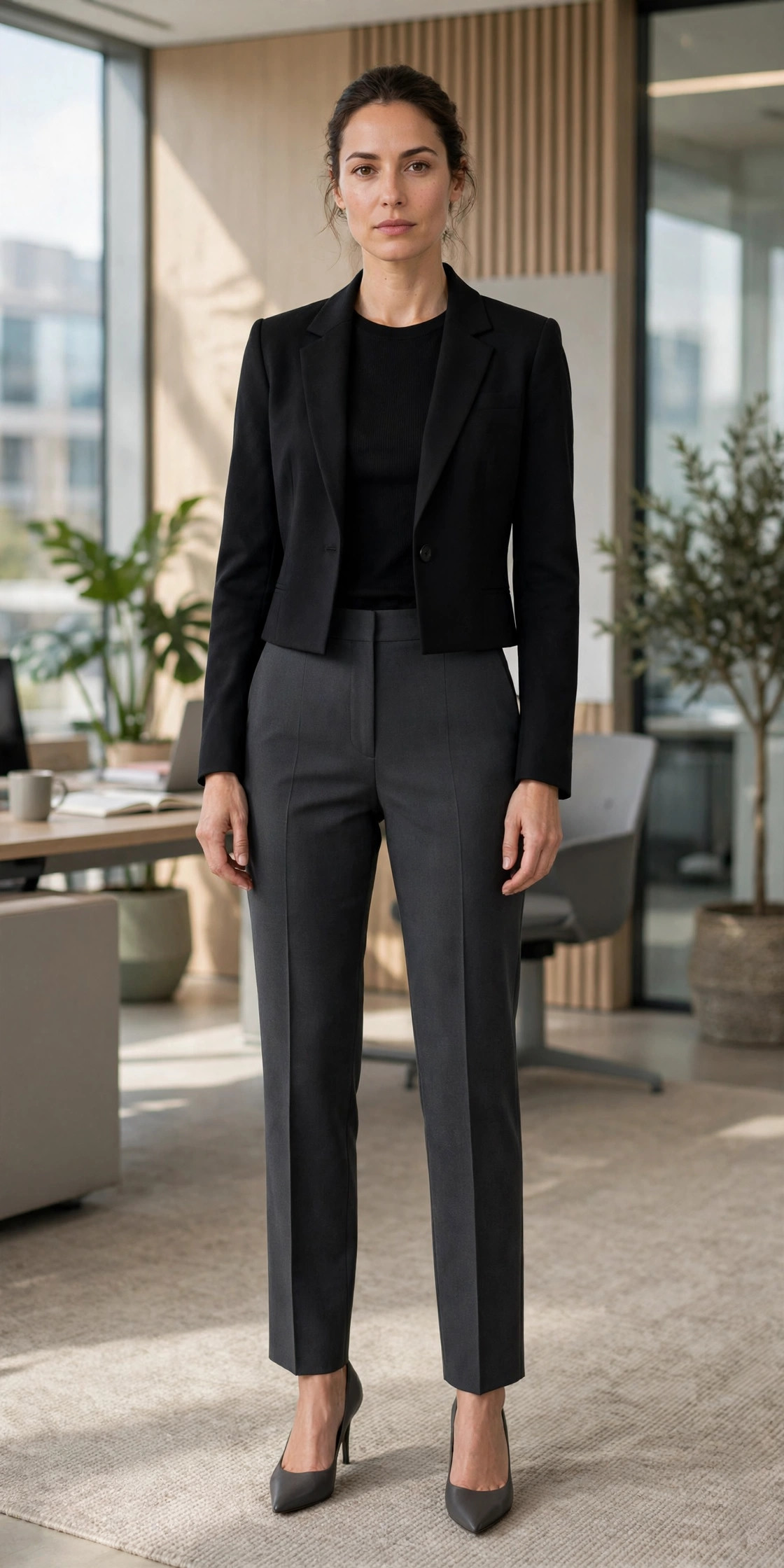 Cropped blazer ending at the waistband over high-rise straight-leg trousers, a proportion-balancing office outfit for short legs