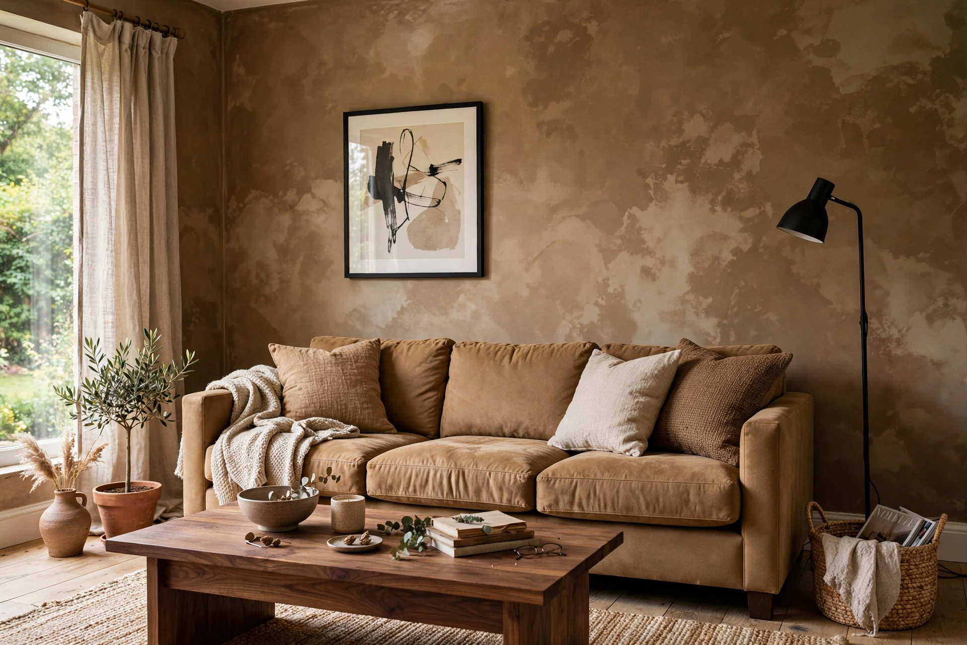 Warm limewash walls in a modern brown living room with a camel sofa and black accents