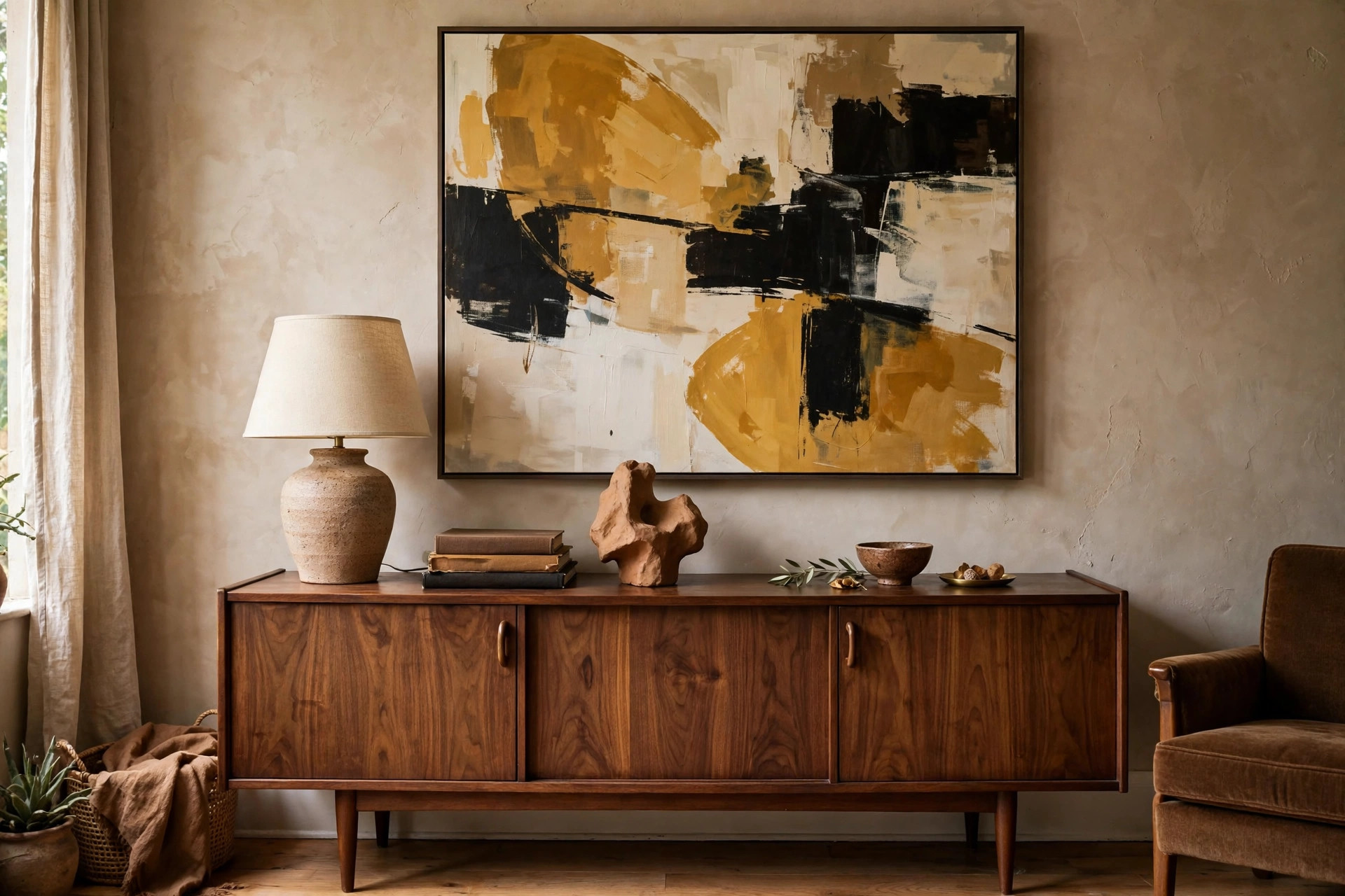 Mid-century walnut credenza styled with ceramics and a large contemporary abstract painting in a brown eclectic living room