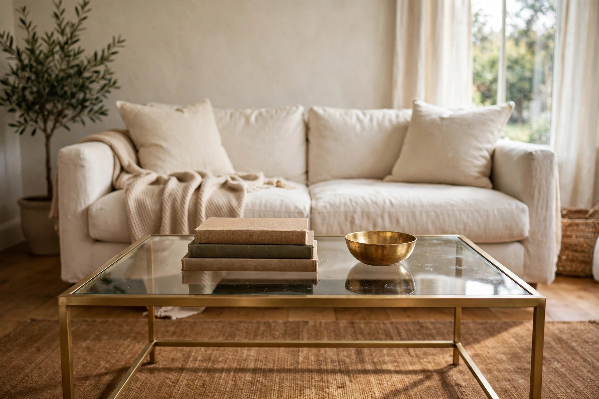 Glass coffee table with a brushed gold frame on a warm brown rug in front of a cream sofa