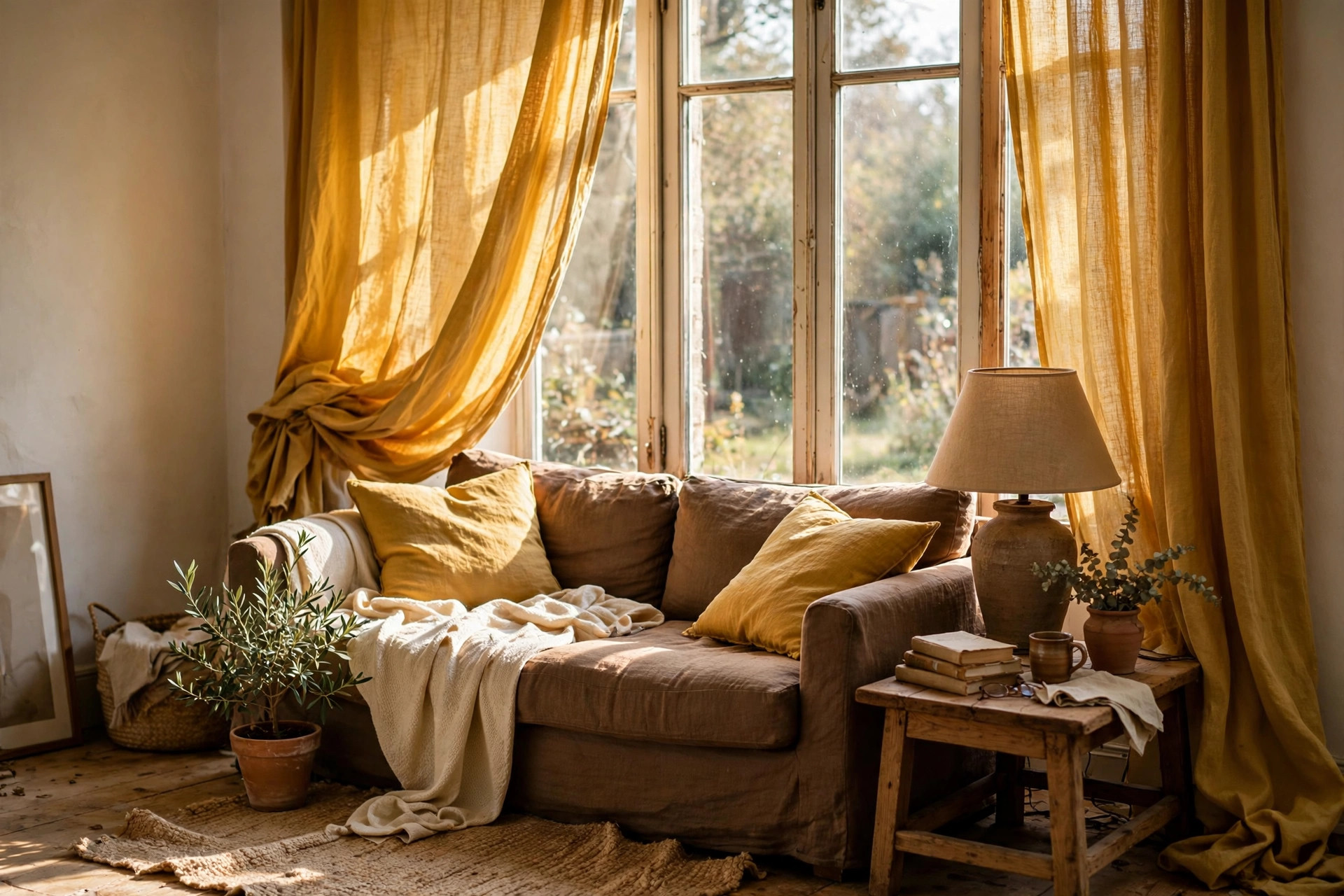Golden yellow curtains framing a window behind a brown sofa in a warm living room