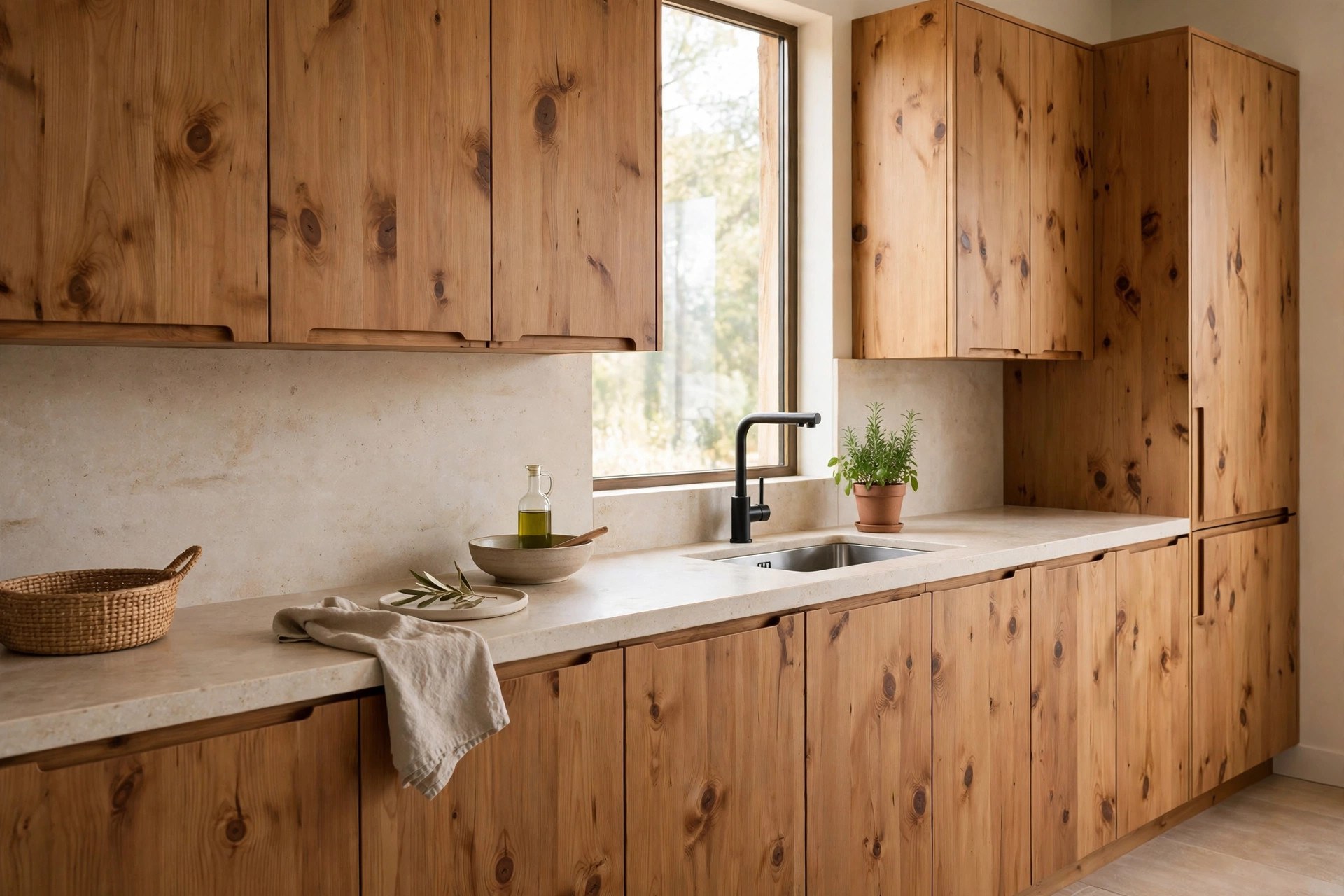 Slab-front knotty alder cabinets in a warm honey tone for a soft earthy modern kitchen