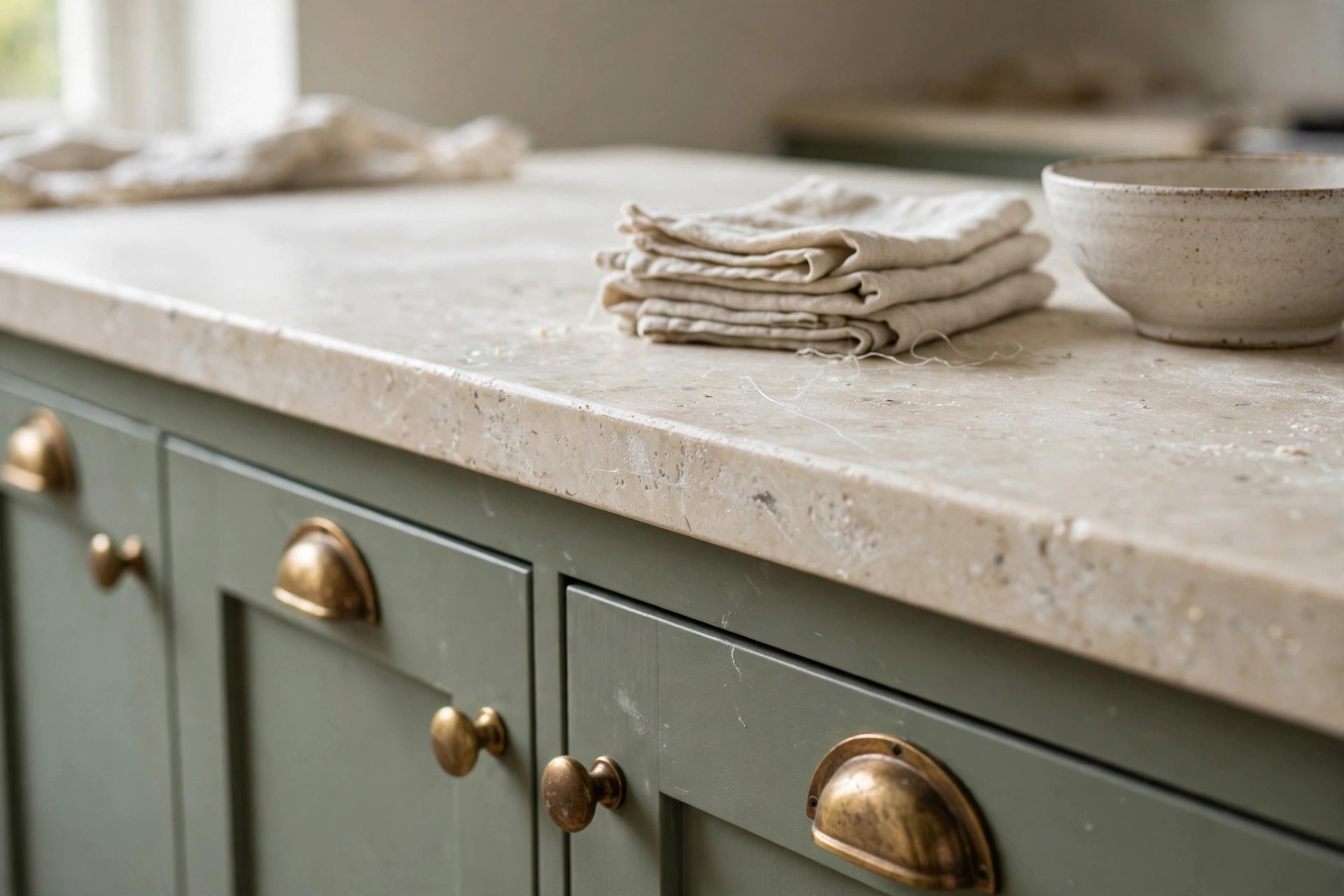 Cream stone worktop on sage green cabinets with brass cup handles