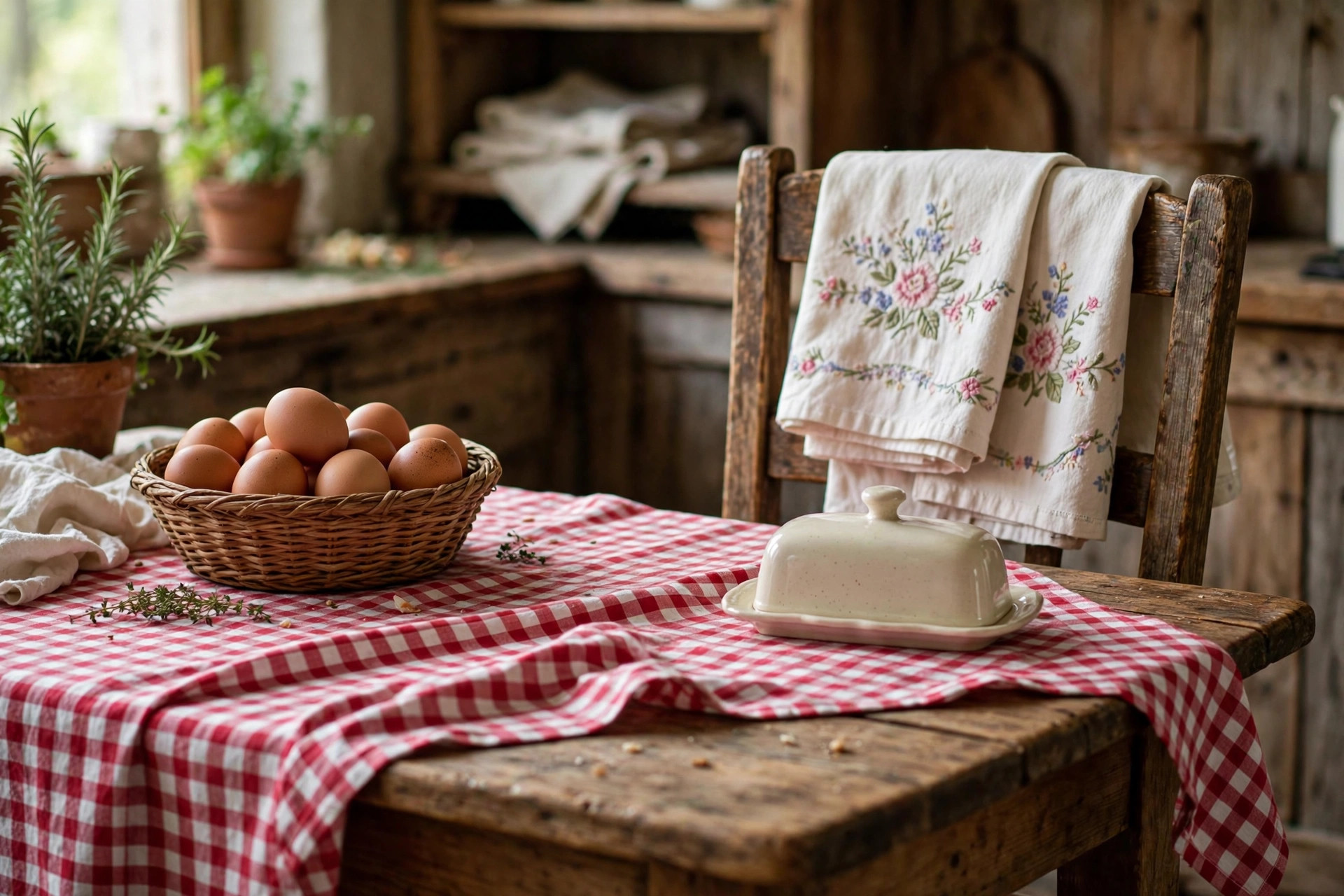 Wooden kitchen table with a red and white gingham tablecloth, embroidered tea towels and a basket of eggs