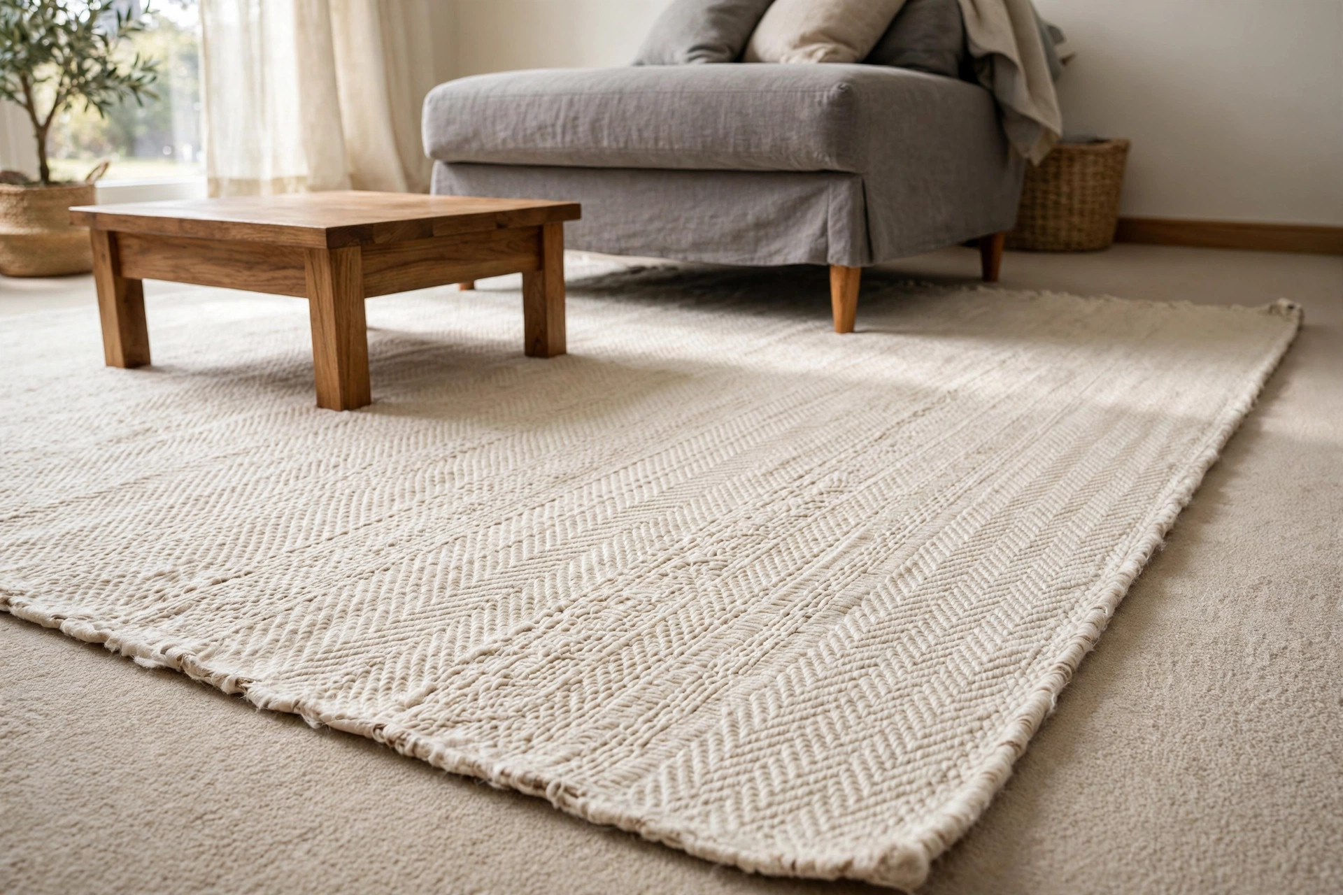 Large textured area rug layered over plain rental carpet under a coffee table and sofa