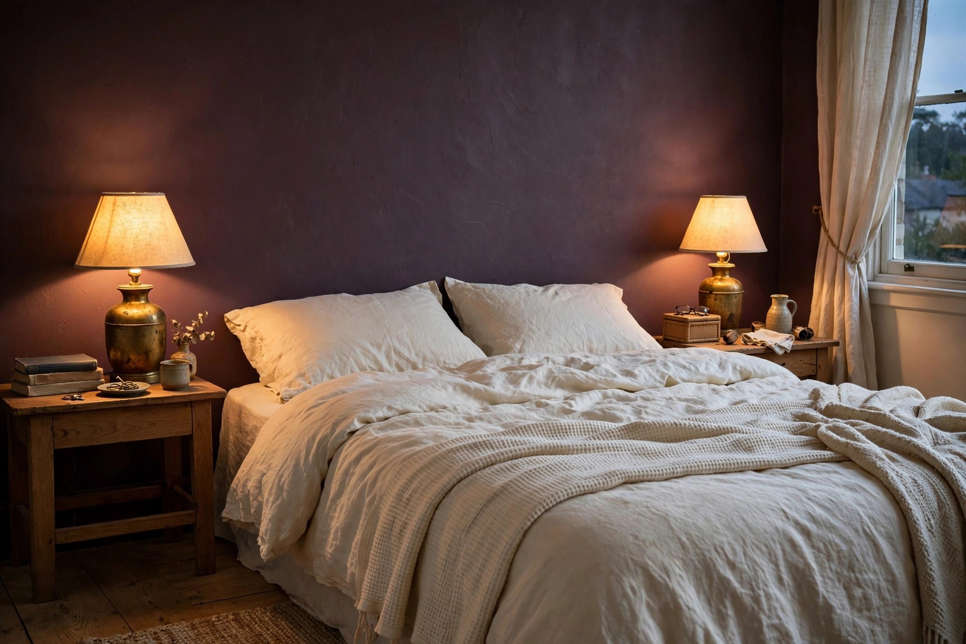Brass bedside lamps and warm metal details glowing against plum noir bedroom walls