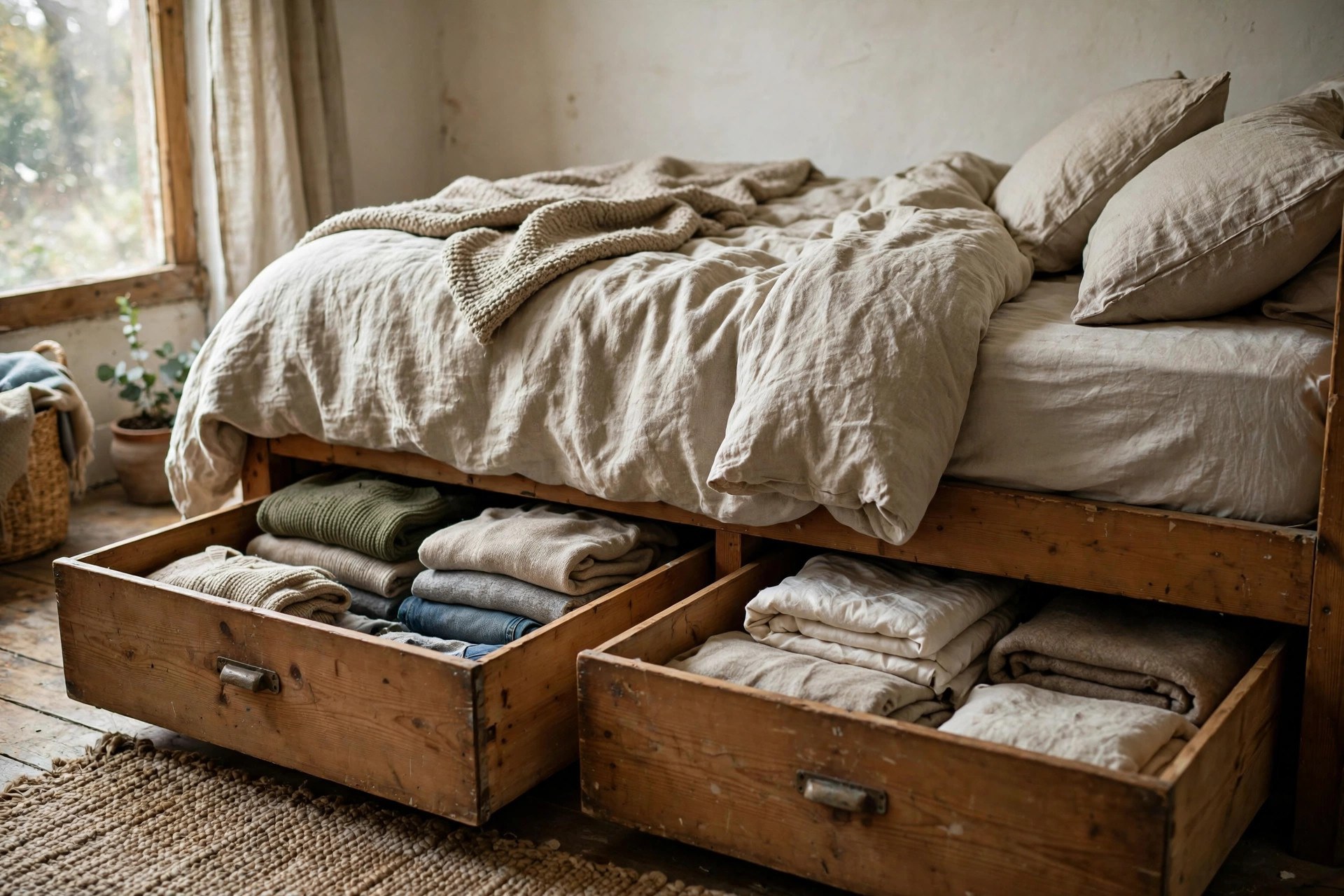 Storage bed frame with open drawers, bedroom storage idea for rooms with no closet