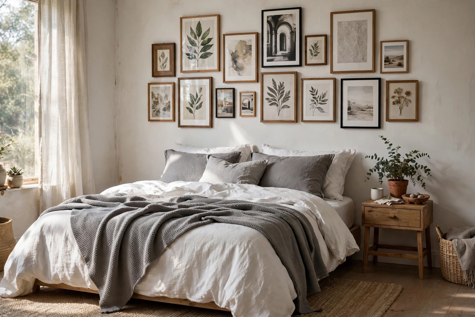Gallery wall of mixed framed prints arranged above a bed with no headboard in a grey and white bedroom