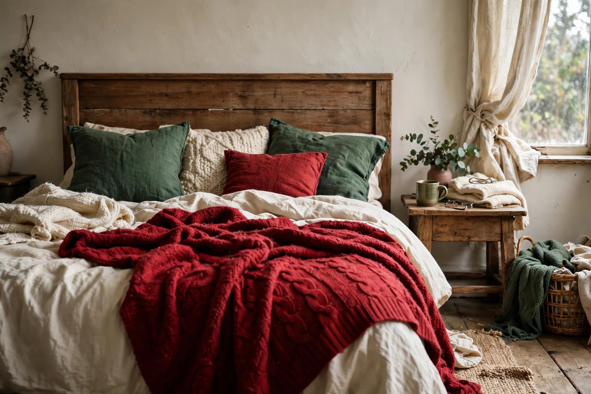 Layered Christmas bedroom decor with knit throws and cushions in red, cream and forest green