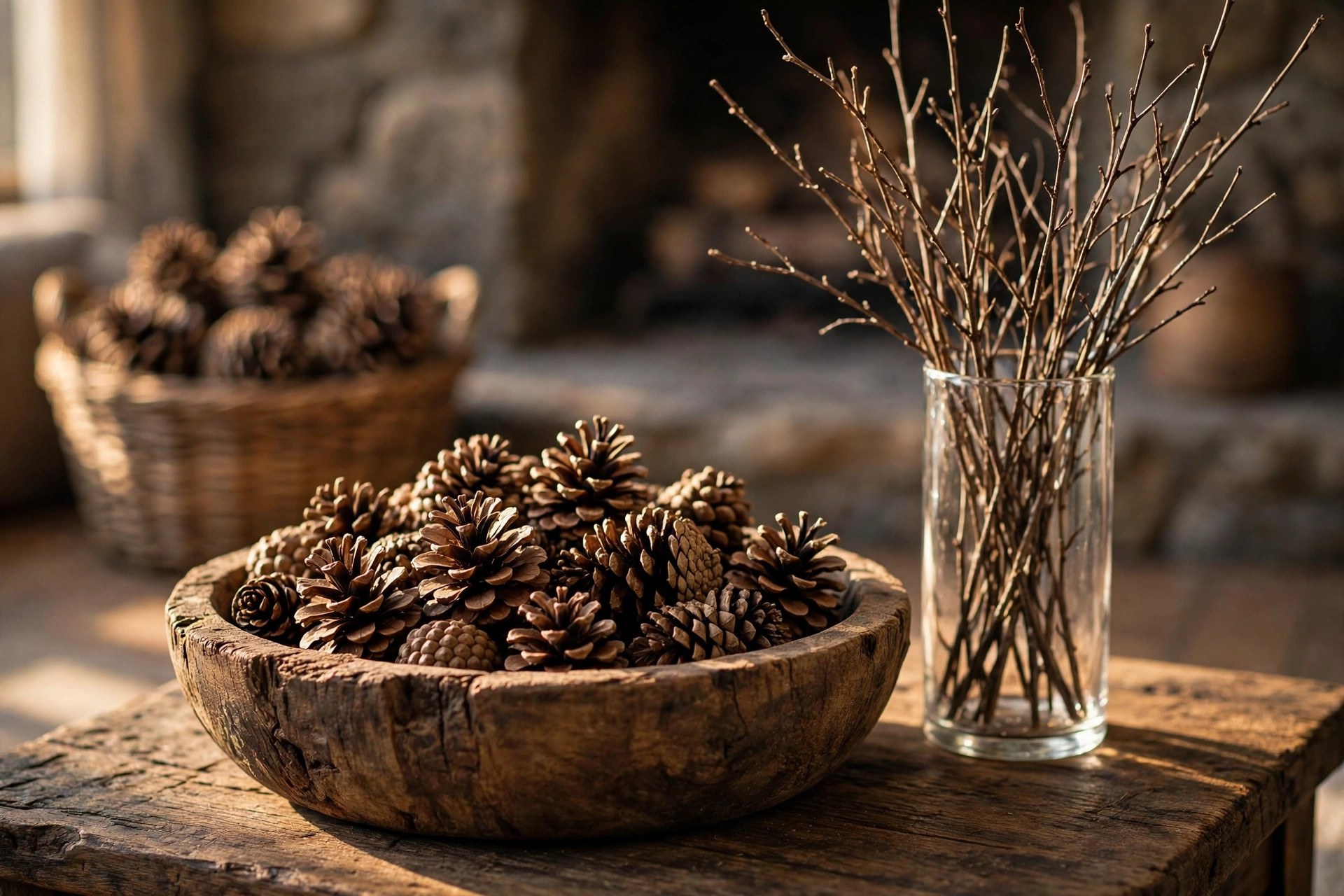 Wooden bowl filled with pinecones and bare twigs on a coffee table in a warm Christmas living room
