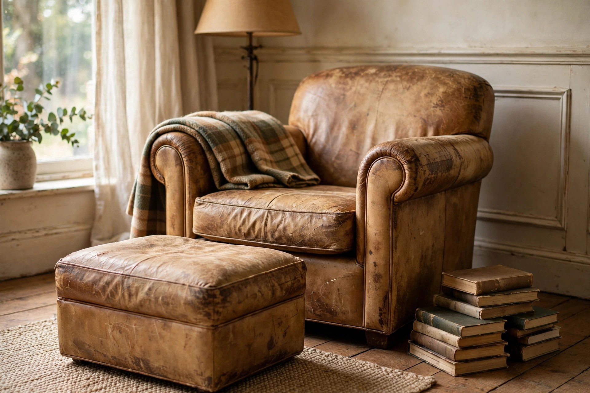 Small worn leather club chair and footstool, a comfy reading chair for a small living room corner with a plaid blanket and a pile of books