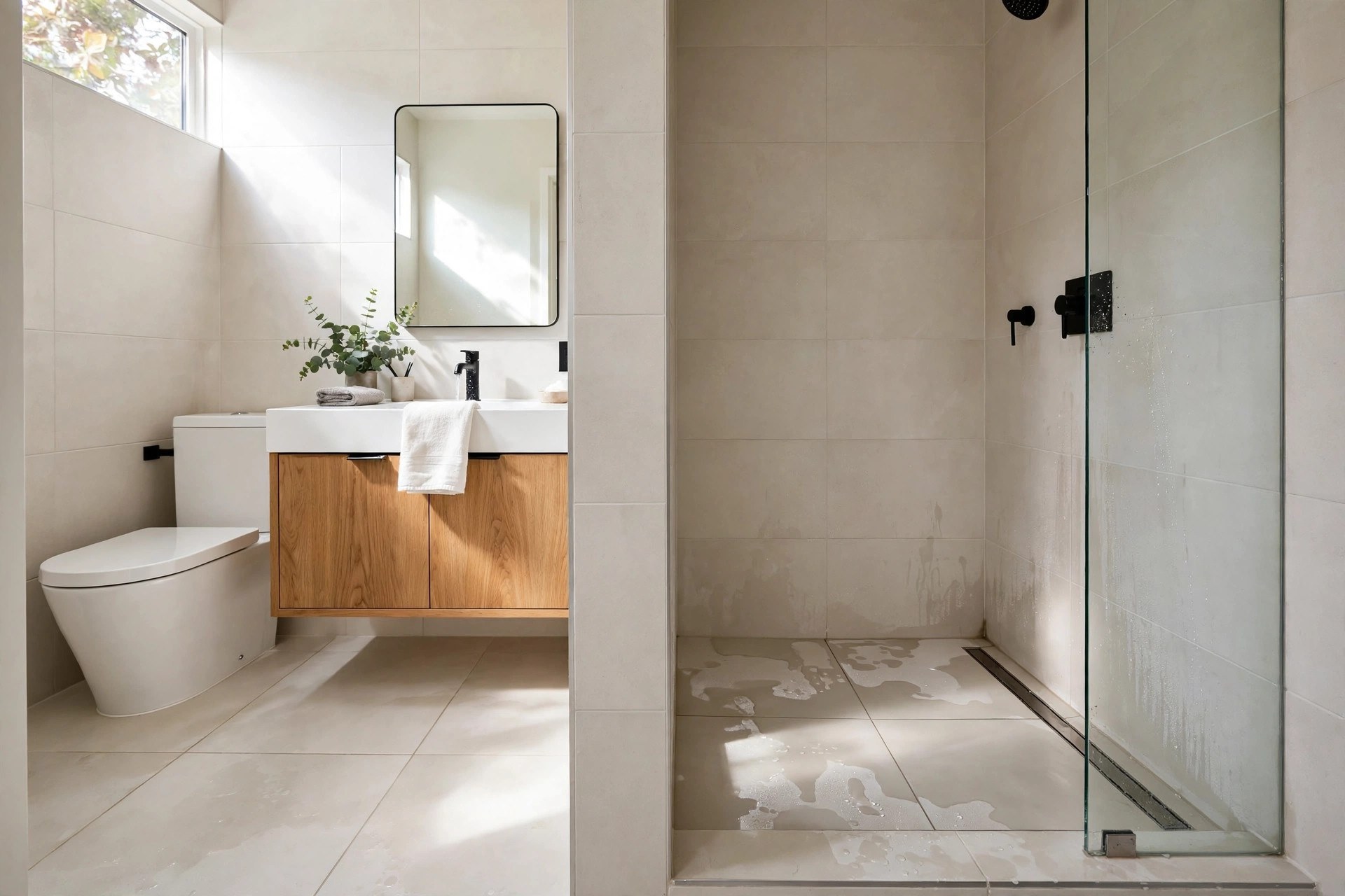 Continuous large tiles running from a small bathroom floor into a walk-in shower with a linear drain