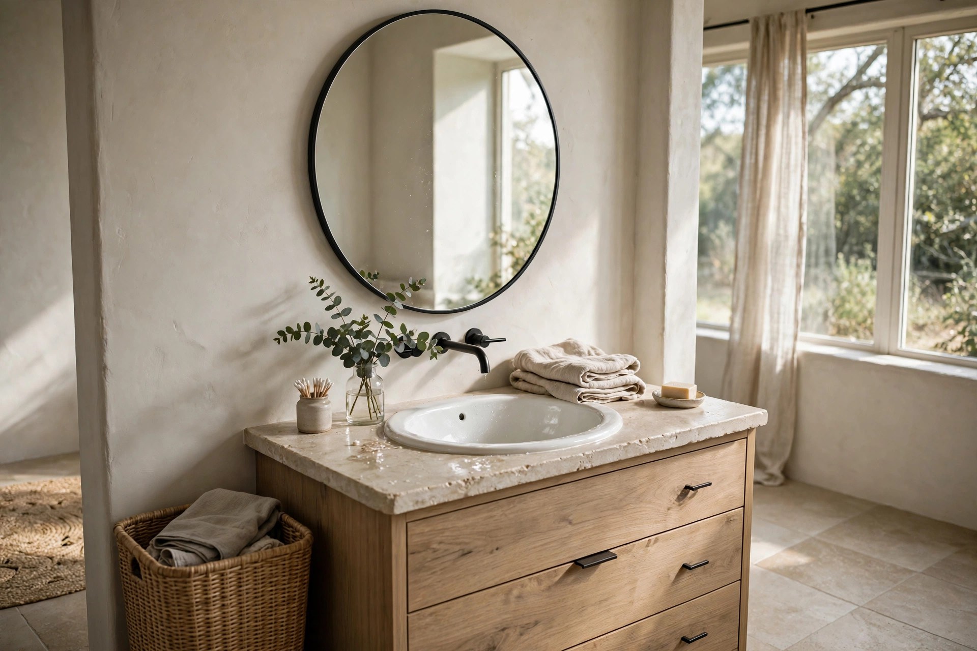 Large round mirror with a thin black frame above a bathroom vanity in an affordable bathroom makeover