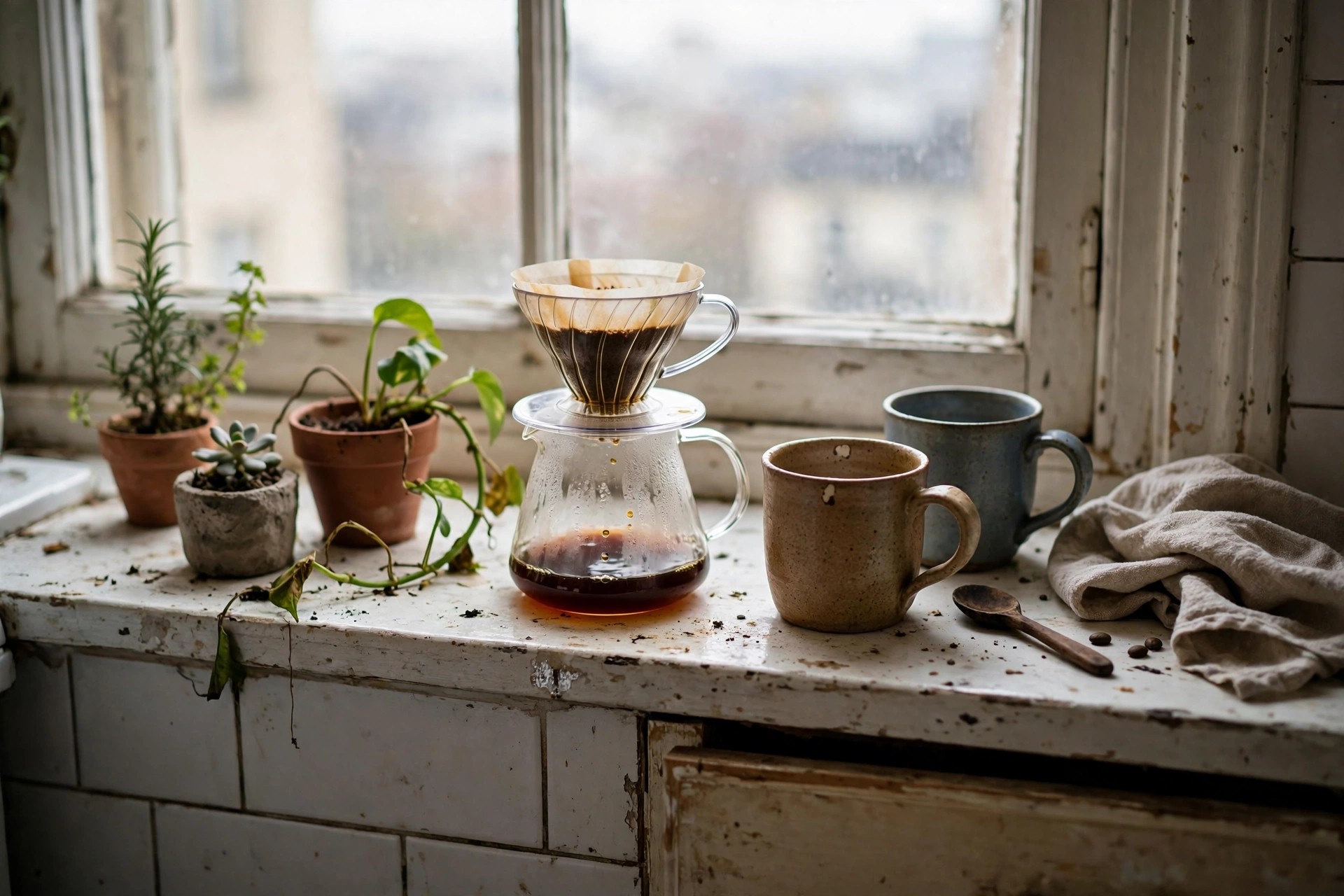Pour-over coffee station on a bright apartment kitchen windowsill with mugs and small potted plants