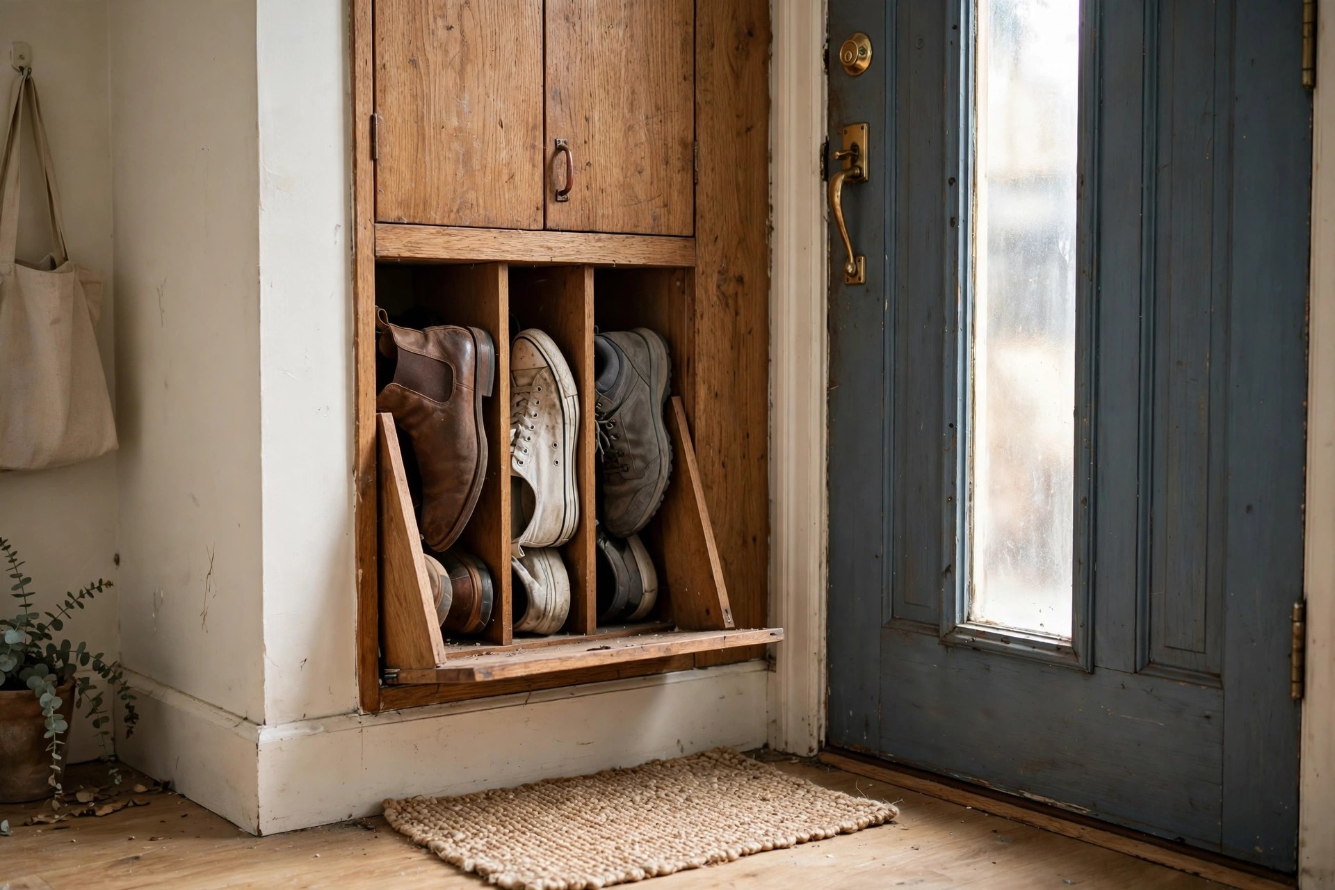 Open kitchen shelves with woven baskets and glass jars of dry goods in an apartment kitchen