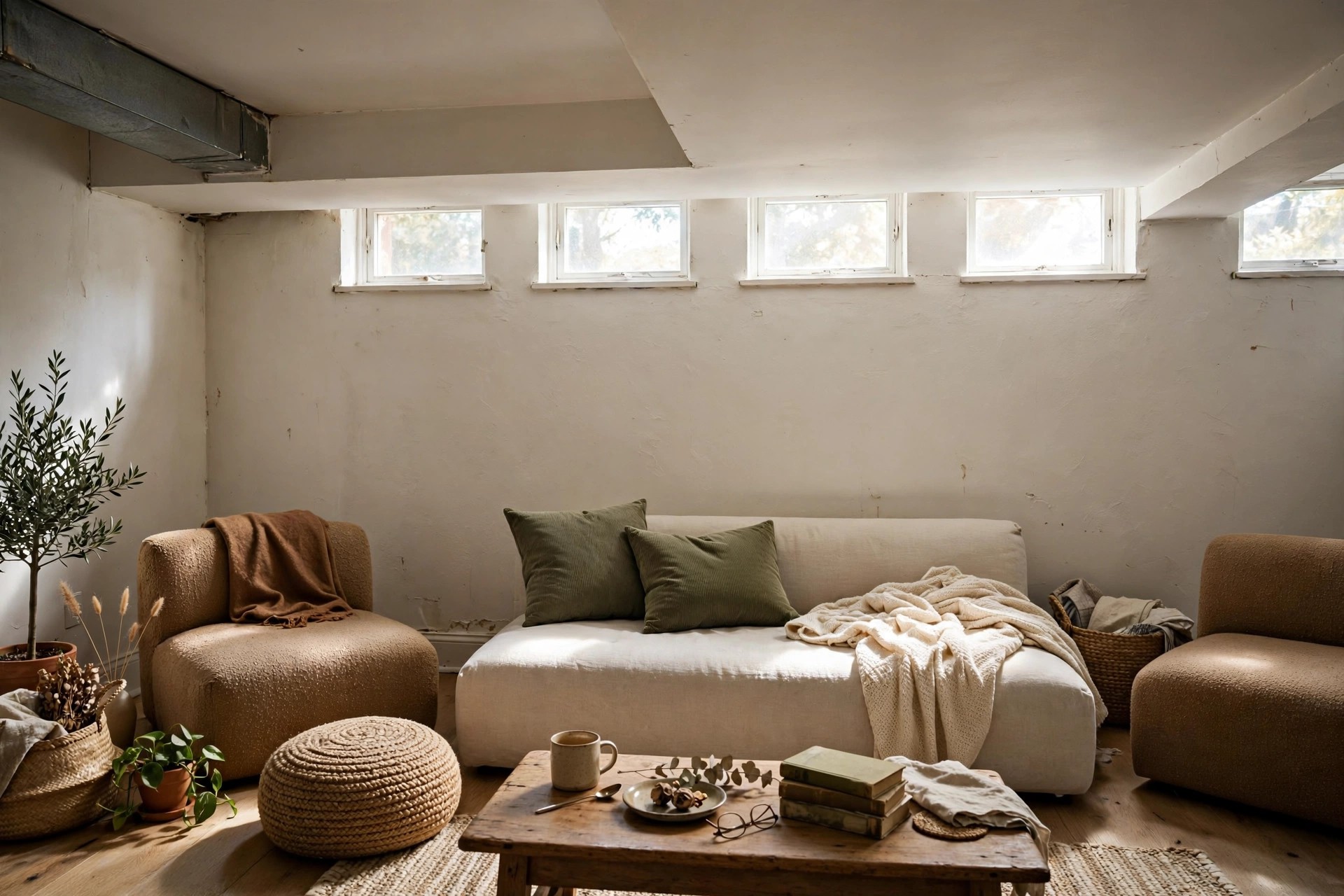 Low-profile sofa and armchairs suited to a low basement ceiling in a bright apartment living room