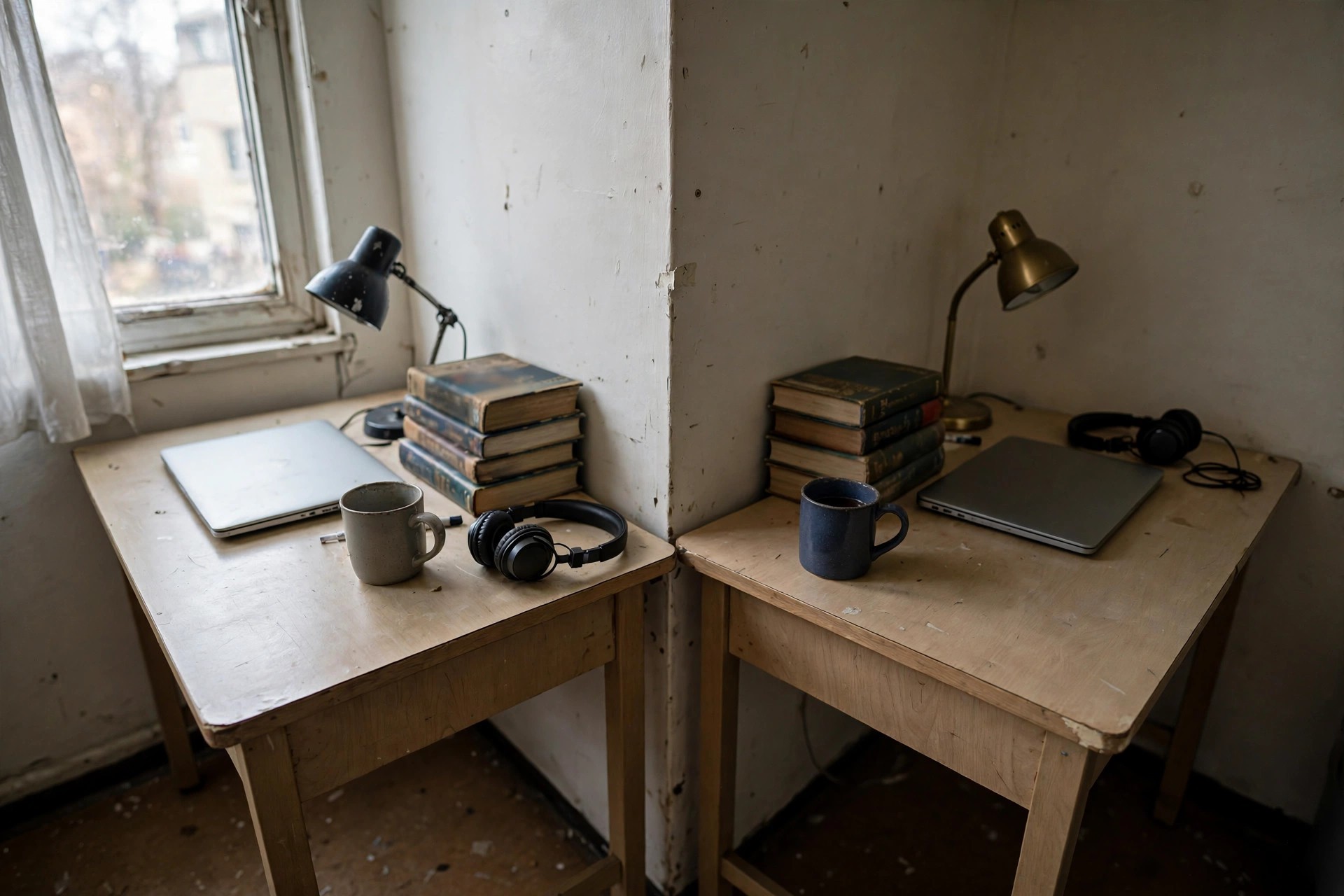 Two small dorm desks side by side each with a lamp, closed laptop, stacked books and headphones