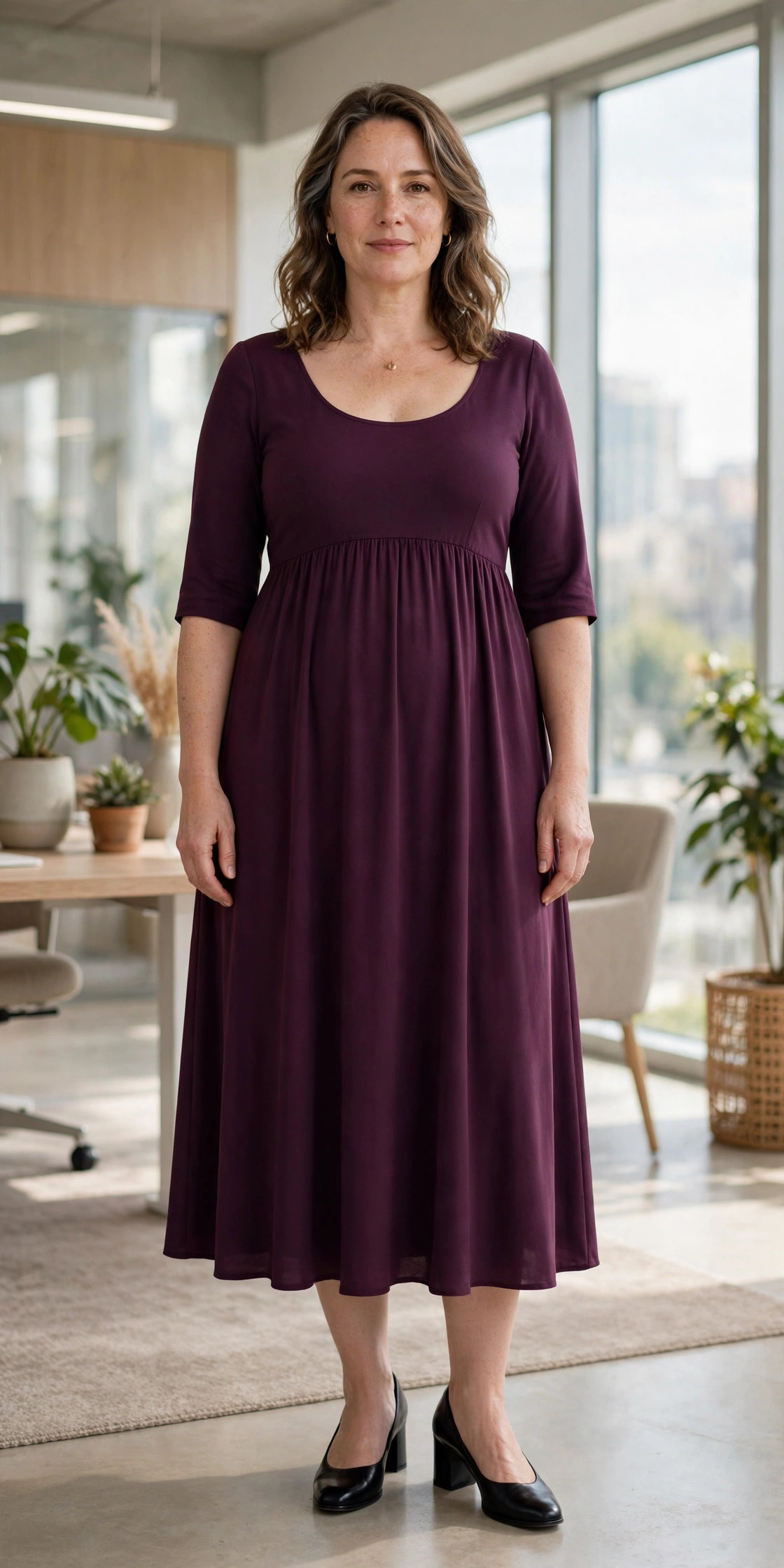 Woman wearing a plum empire-waist midi dress that flows over the tummy, an elegant office look