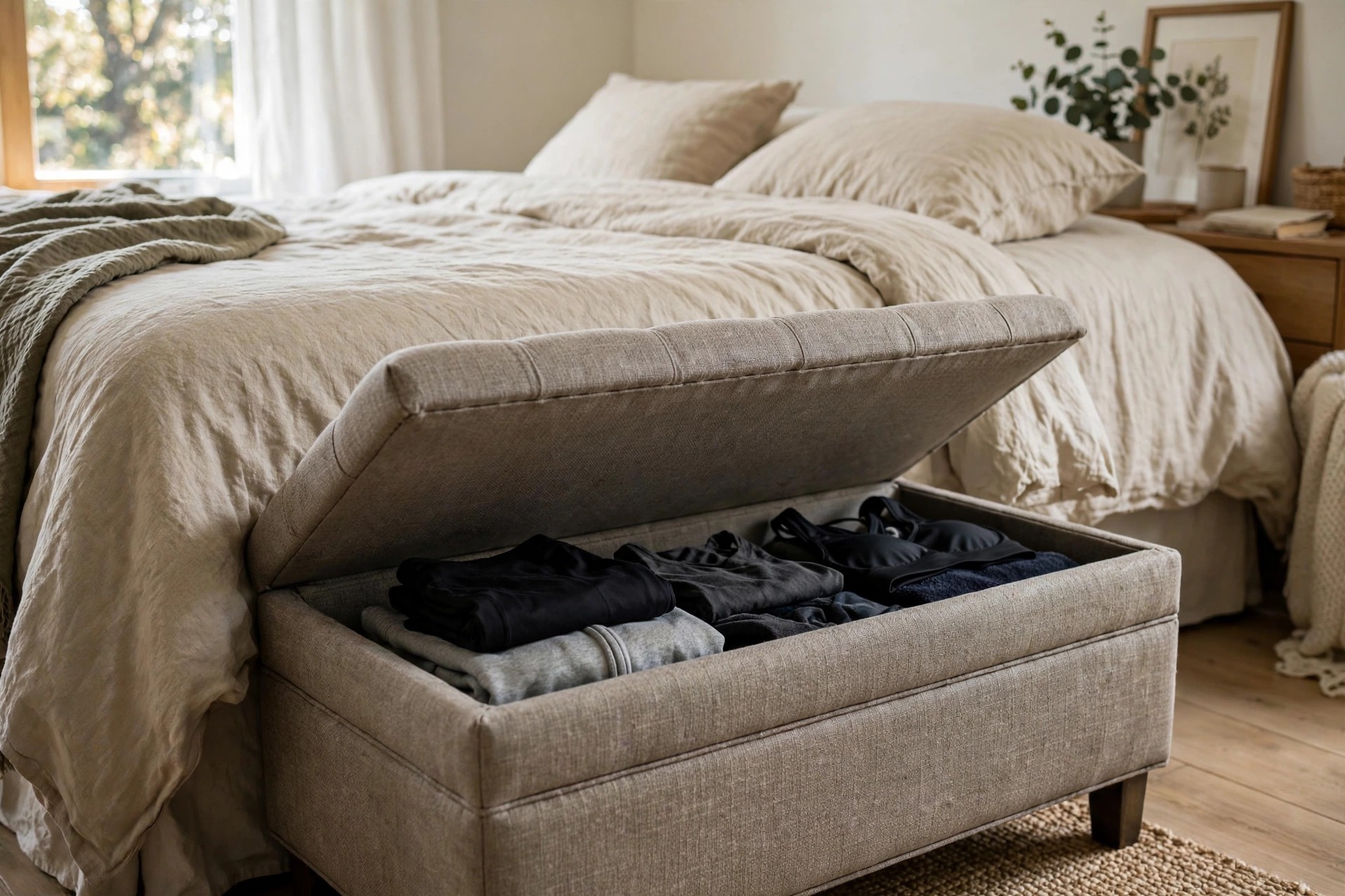 Upholstered storage bench at the foot of a bed holding folded gym gear in a tidy bedroom corner