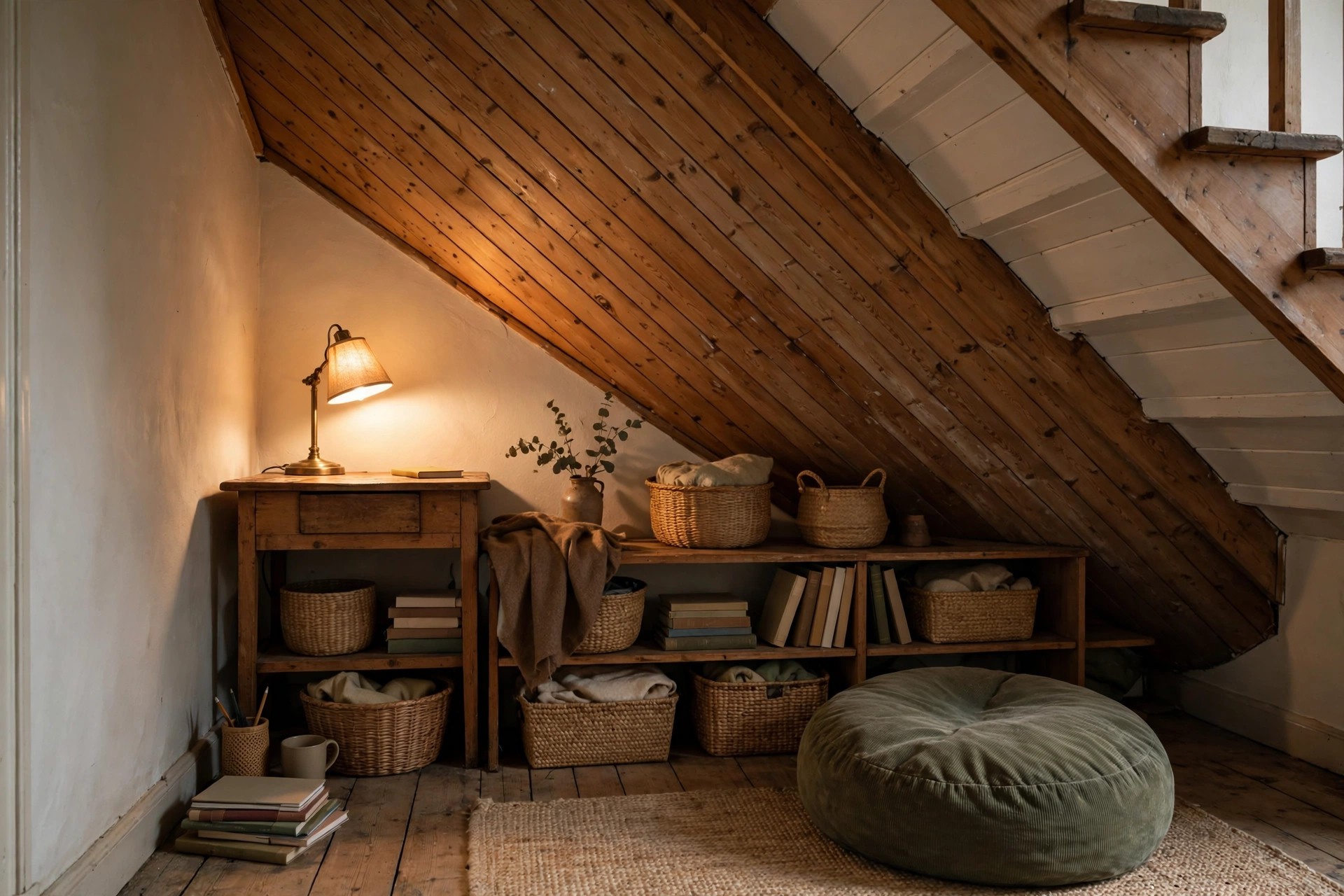 Cosy under-stairs homeschool nook with a small desk, cushion and shelves for a small home