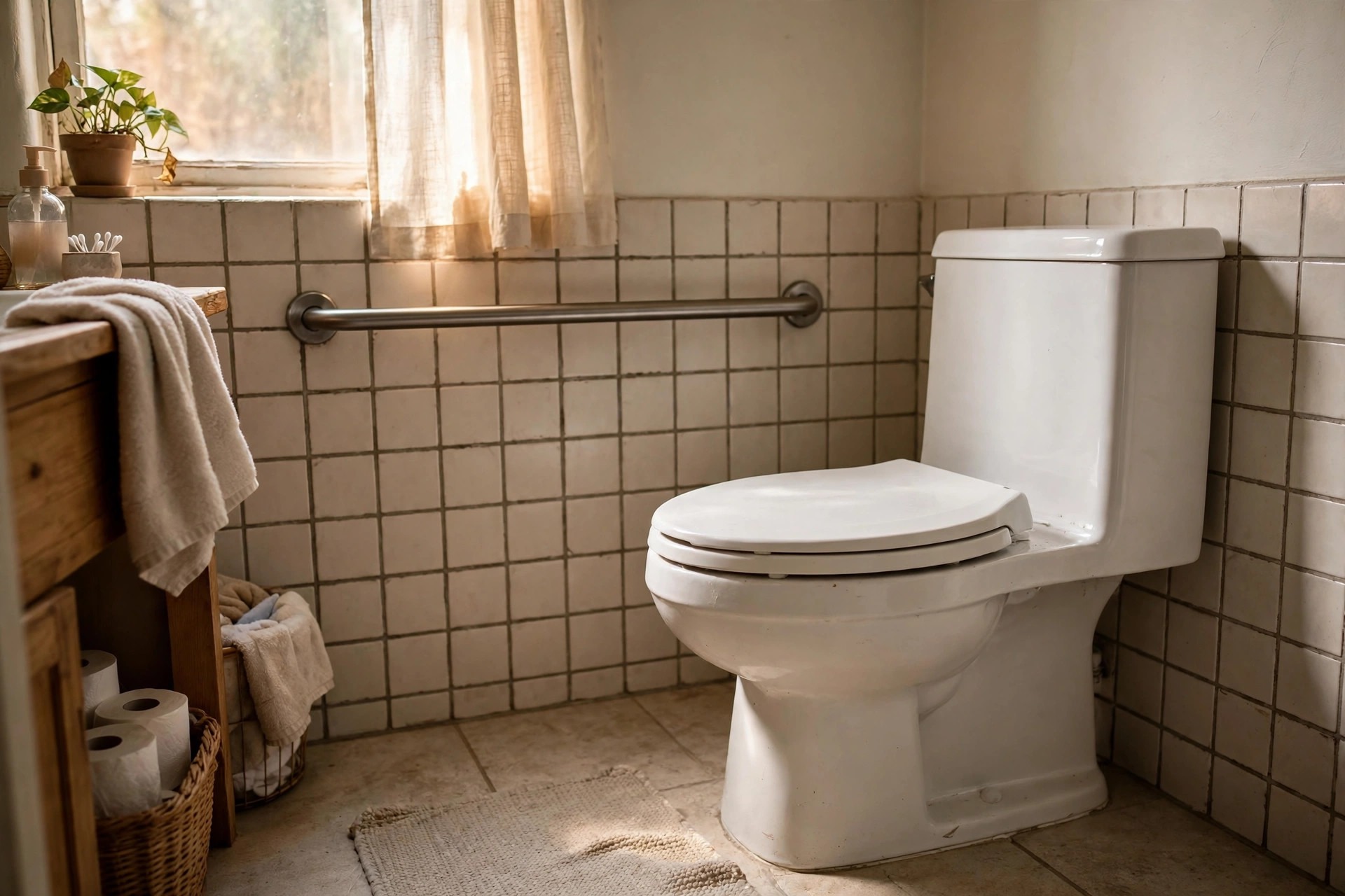 Comfort-height toilet with a neatly fitted raised profile in a safe bathroom for elderly parents