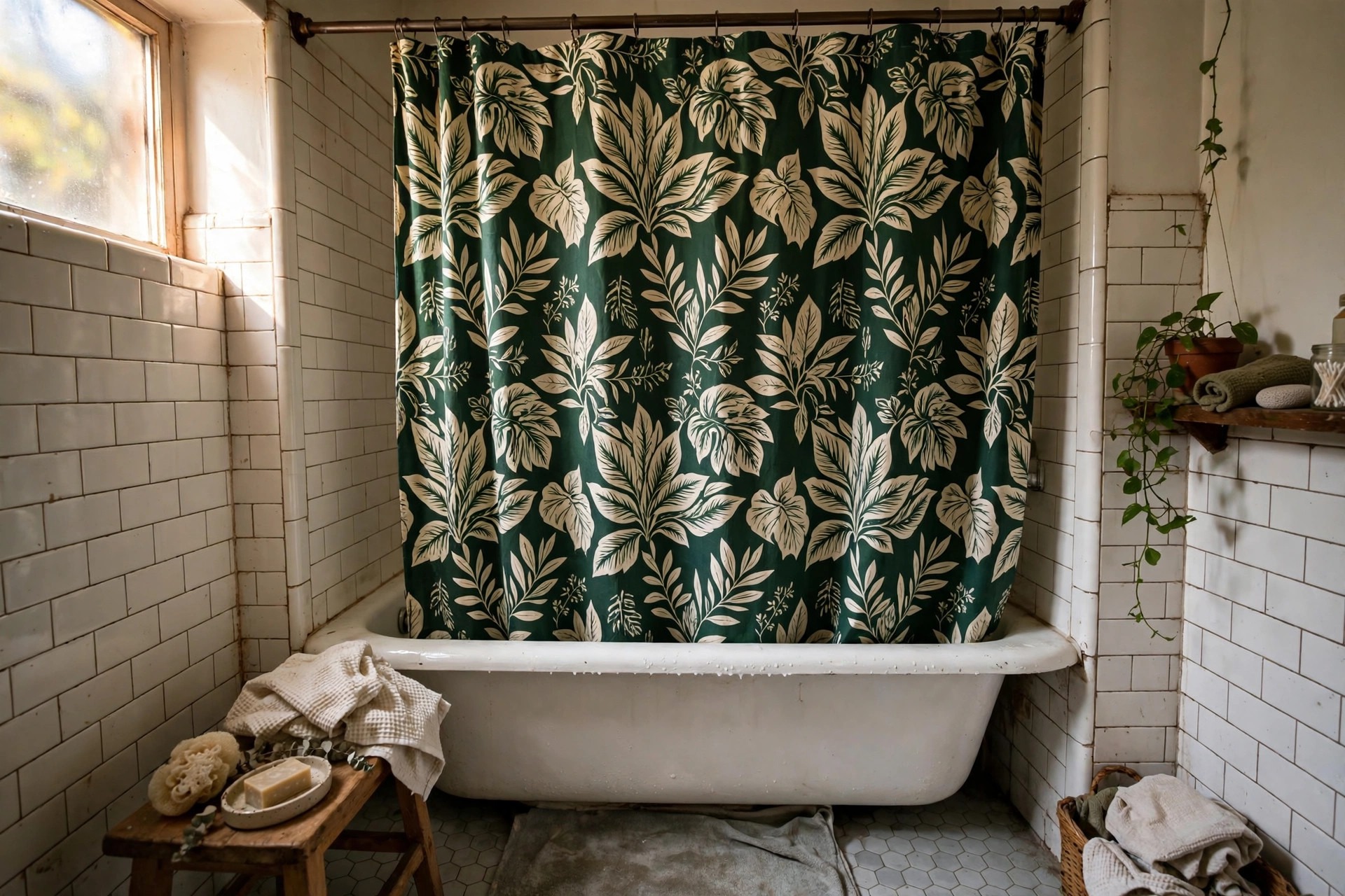 Bold green botanical shower curtain over a white bath in a renter friendly bathroom idea with no drilling