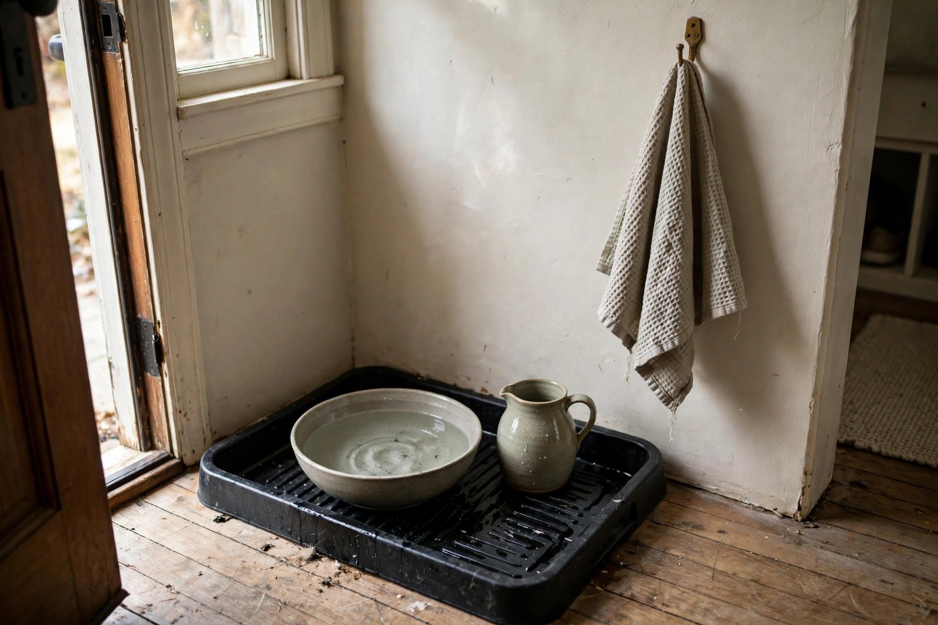 Paw-washing bowl and towel beside the front door in an entryway idea for dog owners
