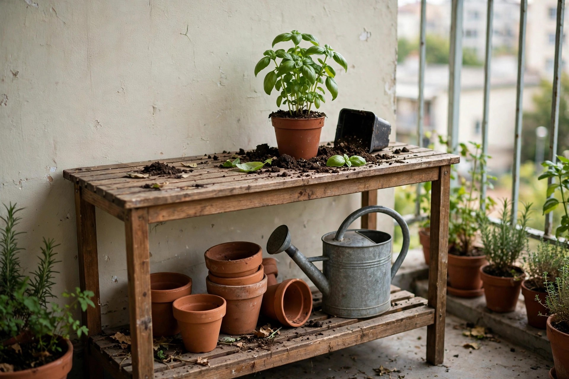 A slim wooden potting bench with stored pots and a watering can in a balcony herb garden for apartments