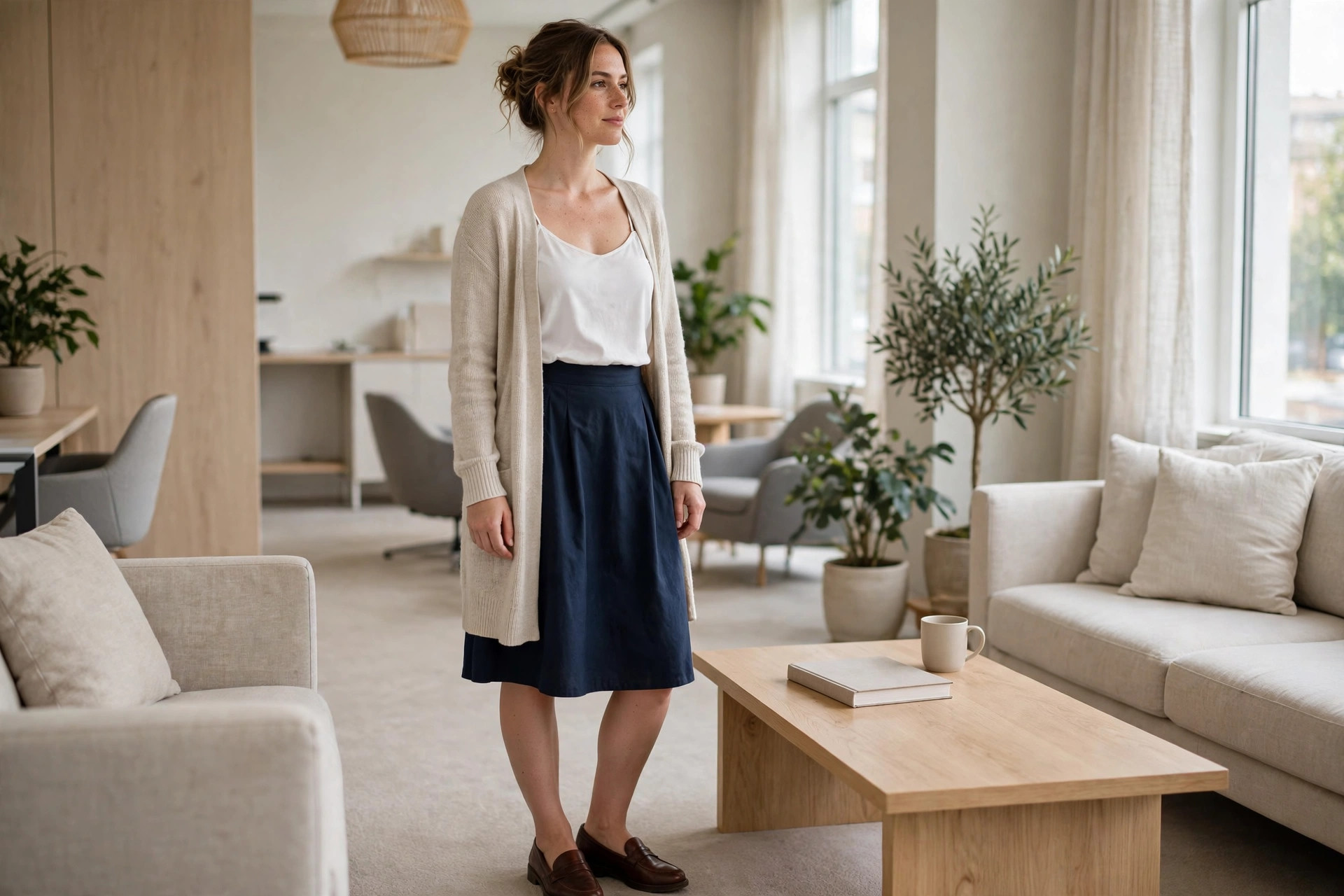 Woman wearing a long oatmeal cardigan over a white camisole and navy skirt in a bright office lounge