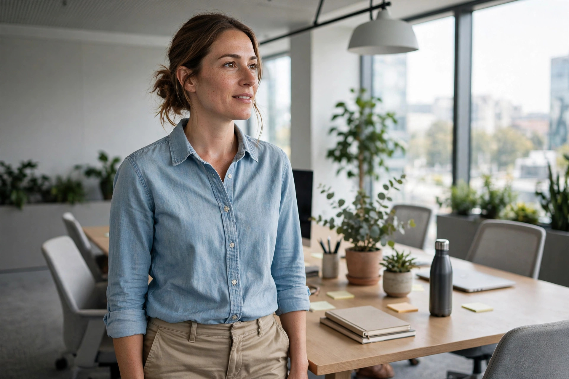 Light blue chambray shirt tucked into khaki chinos beside a collaboration table