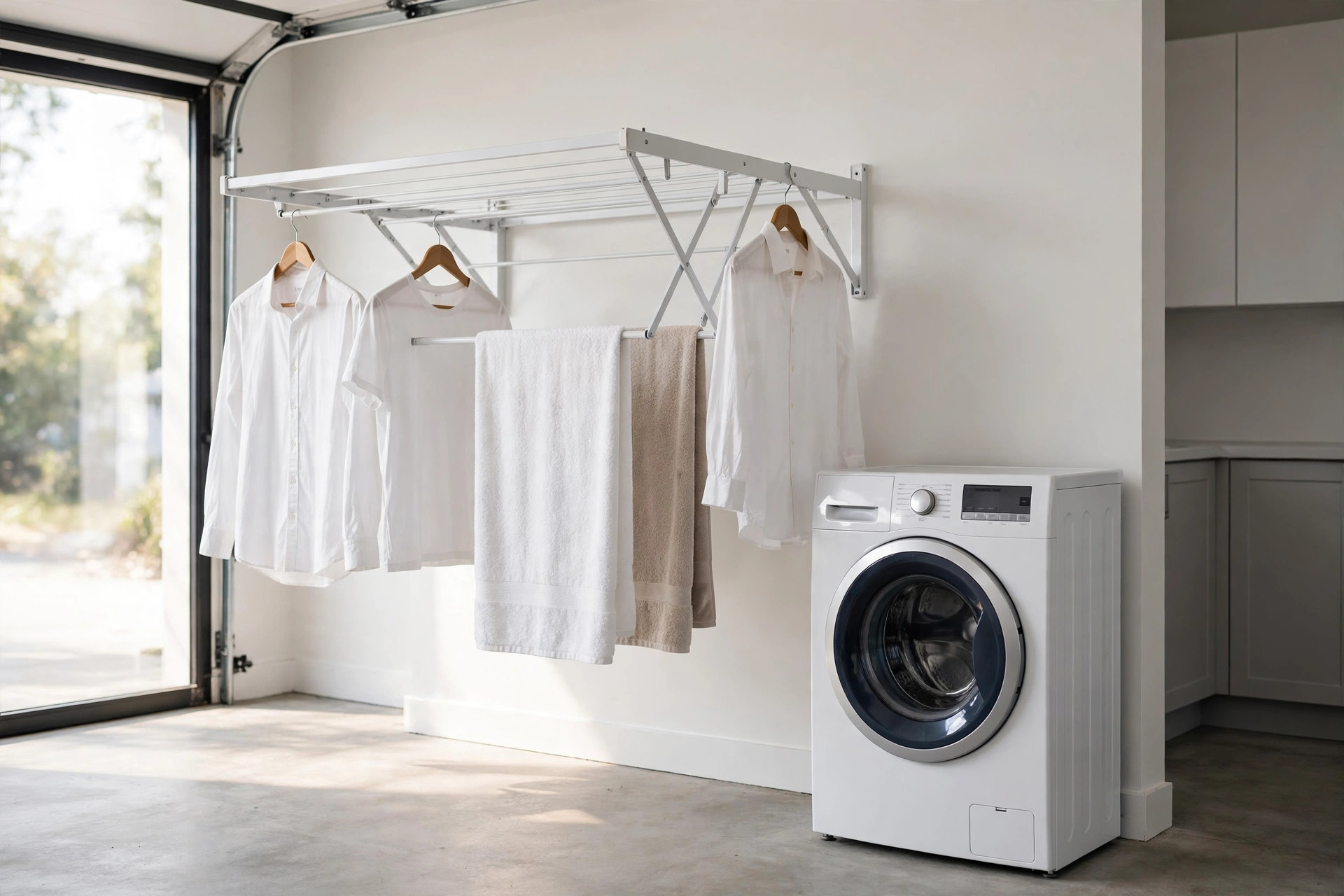 Wall-mounted folding drying rack with clean shirts and towels hanging beside a washing machine in a garage laundry room