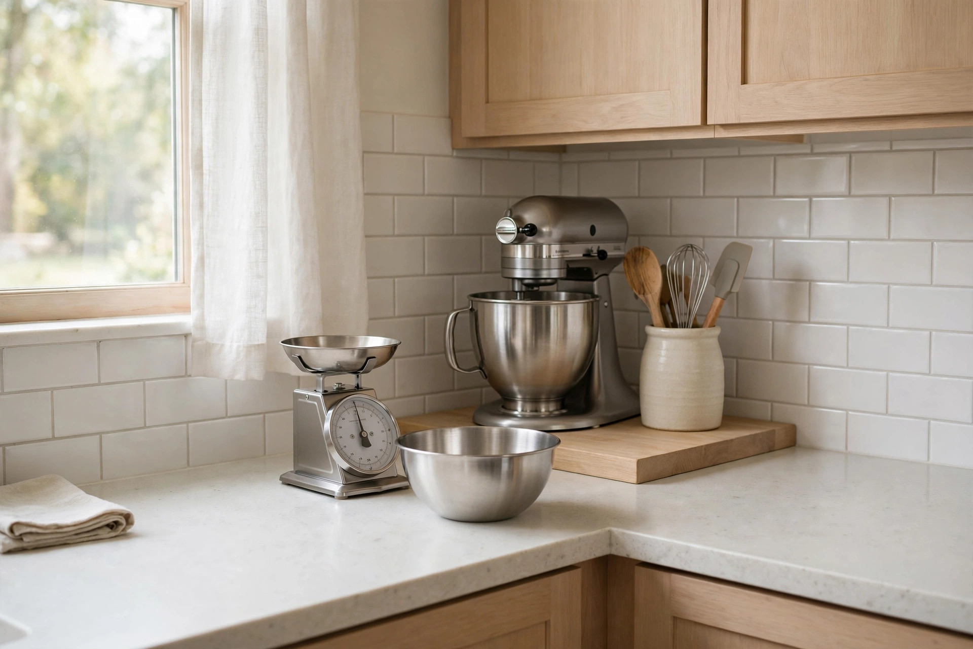 Countertop corner baking station with a stand mixer on a wooden board, kitchen scales, a mixing bowl and a utensil crock