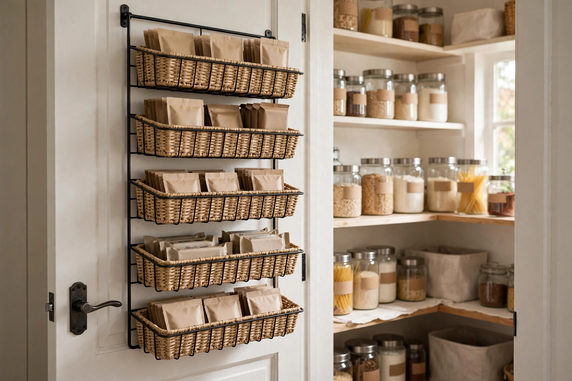 Over-door wicker basket rack holding plain packets on the inside of a pantry door