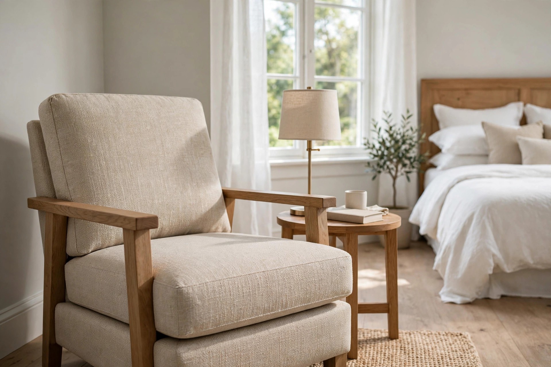 Supportive upholstered armchair with solid wooden arms in a bright bedroom corner with a reading lamp