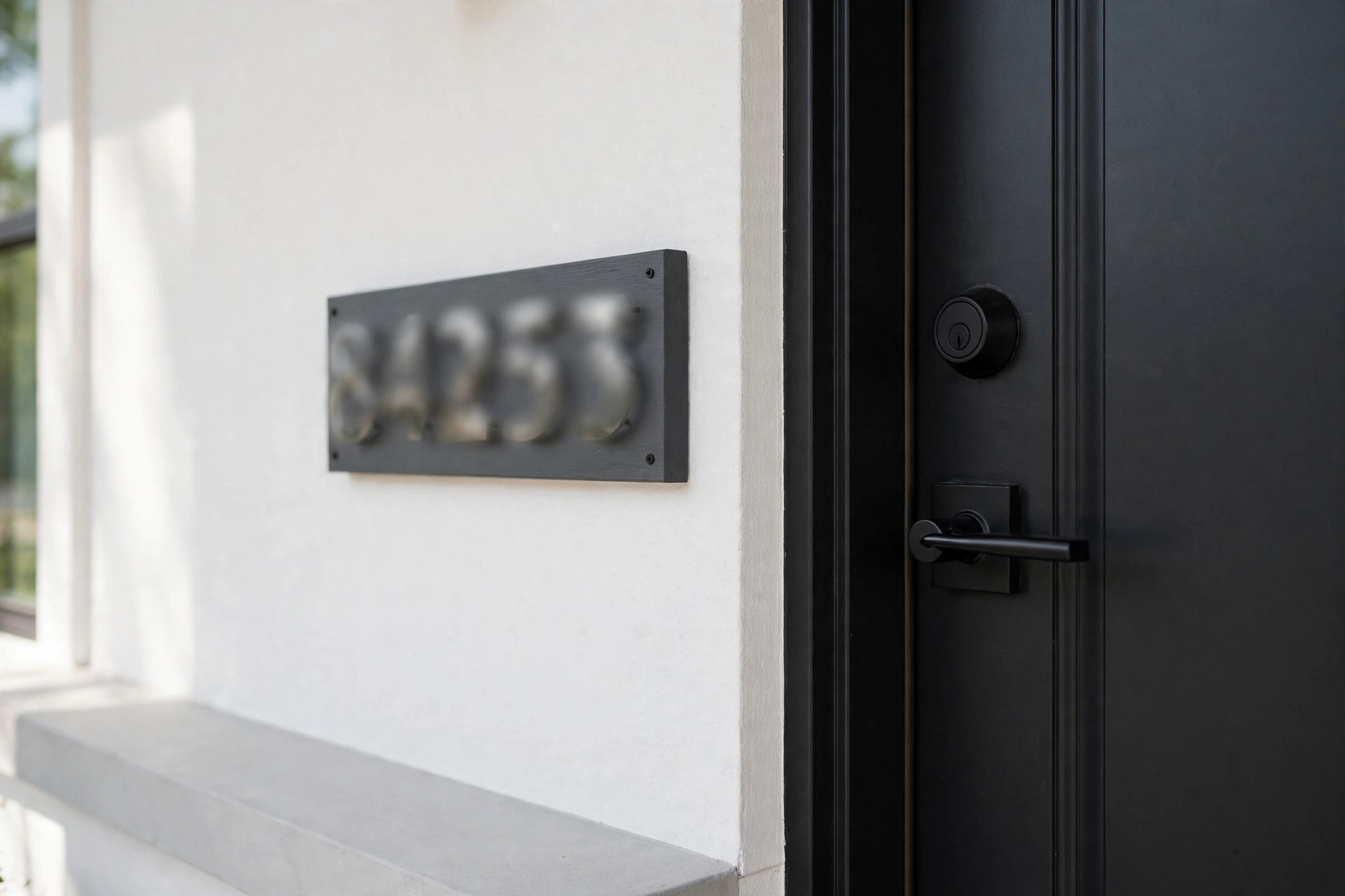 Modern house numbers on a dark backboard beside a black front door on a clean white porch wall