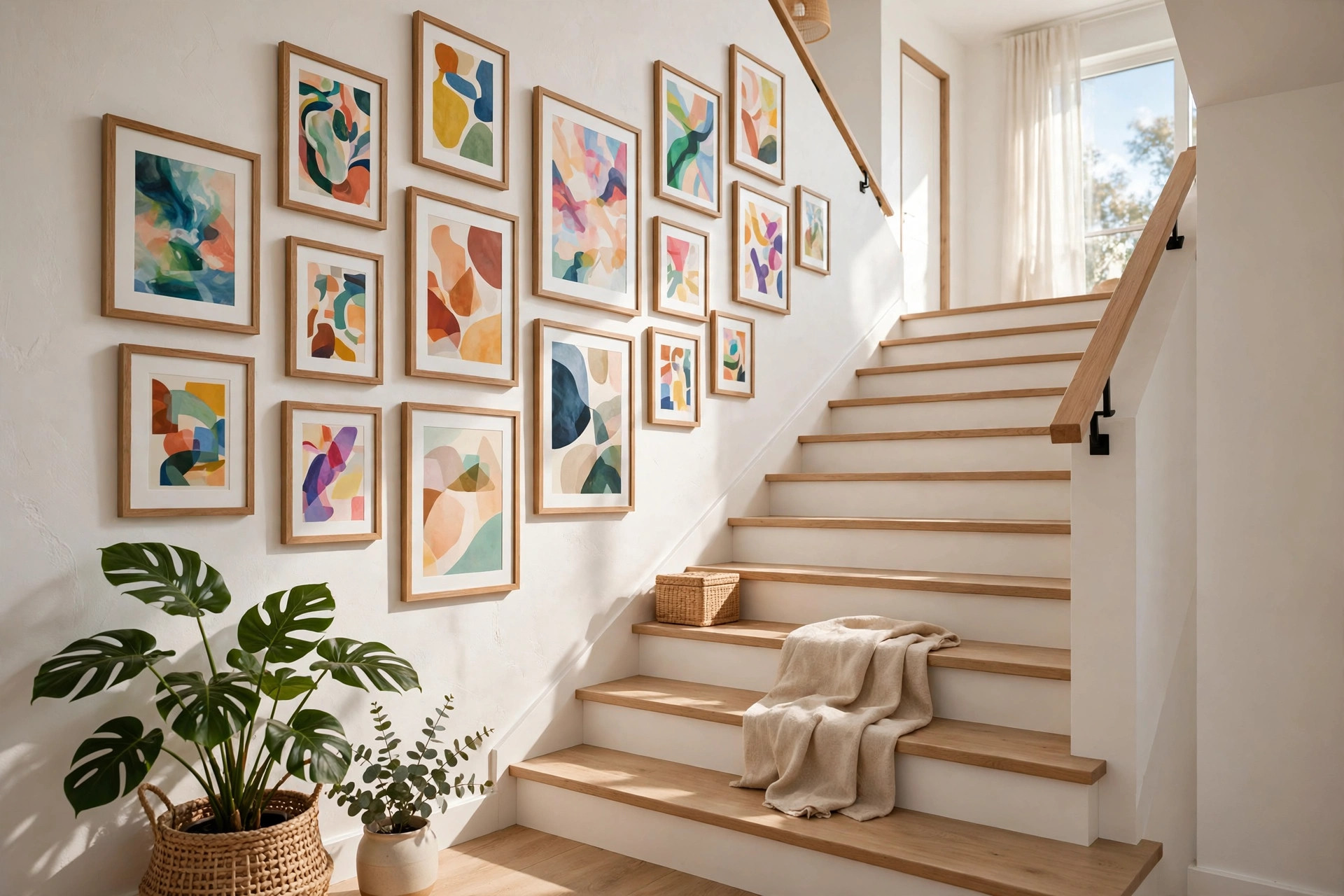 Colourful abstract paintings and prints in a staircase gallery wall