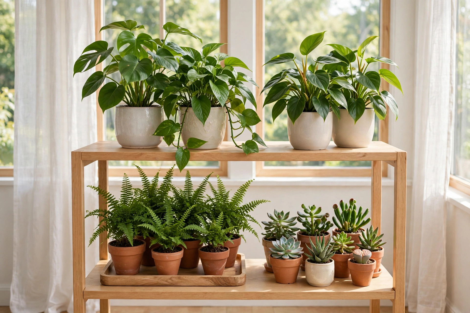 Wooden sunroom shelves with plants grouped together — ferns on a tray, succulents in terracotta pots and leafy foliage plants above